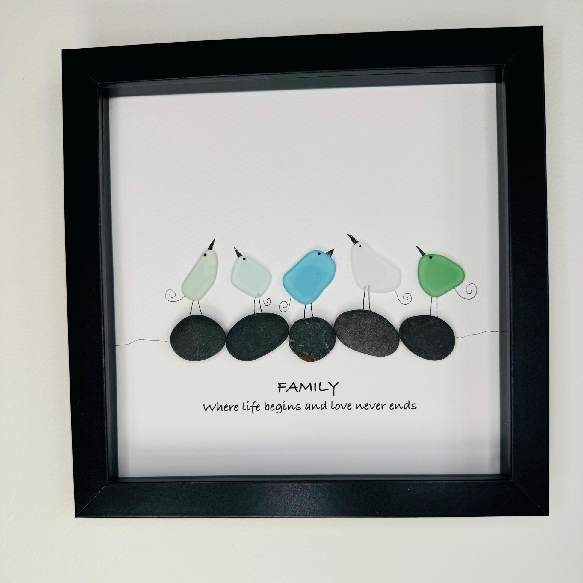 Sea Glass Pebble Art: Family Bird Scene, Framed Coastal Decor