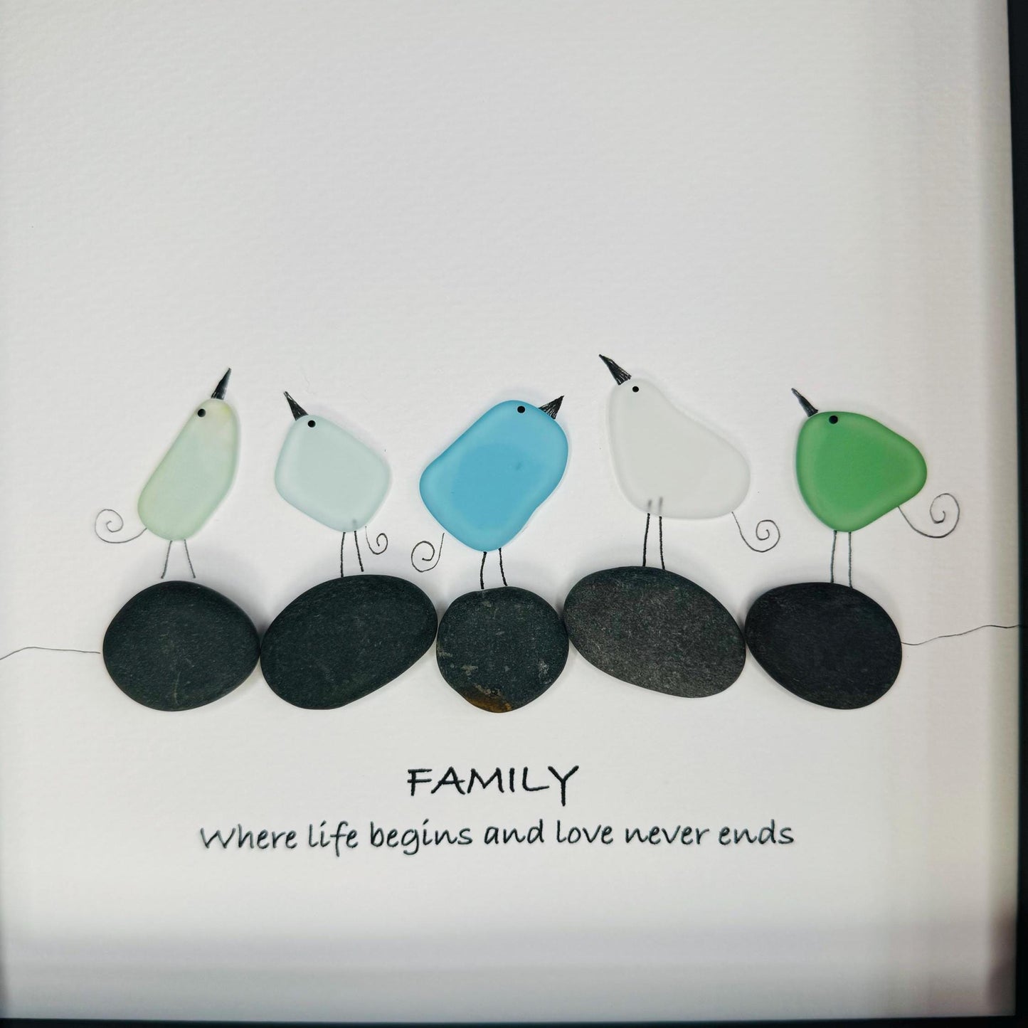 Sea Glass Pebble Art: Family Bird Scene, Framed Coastal Decor