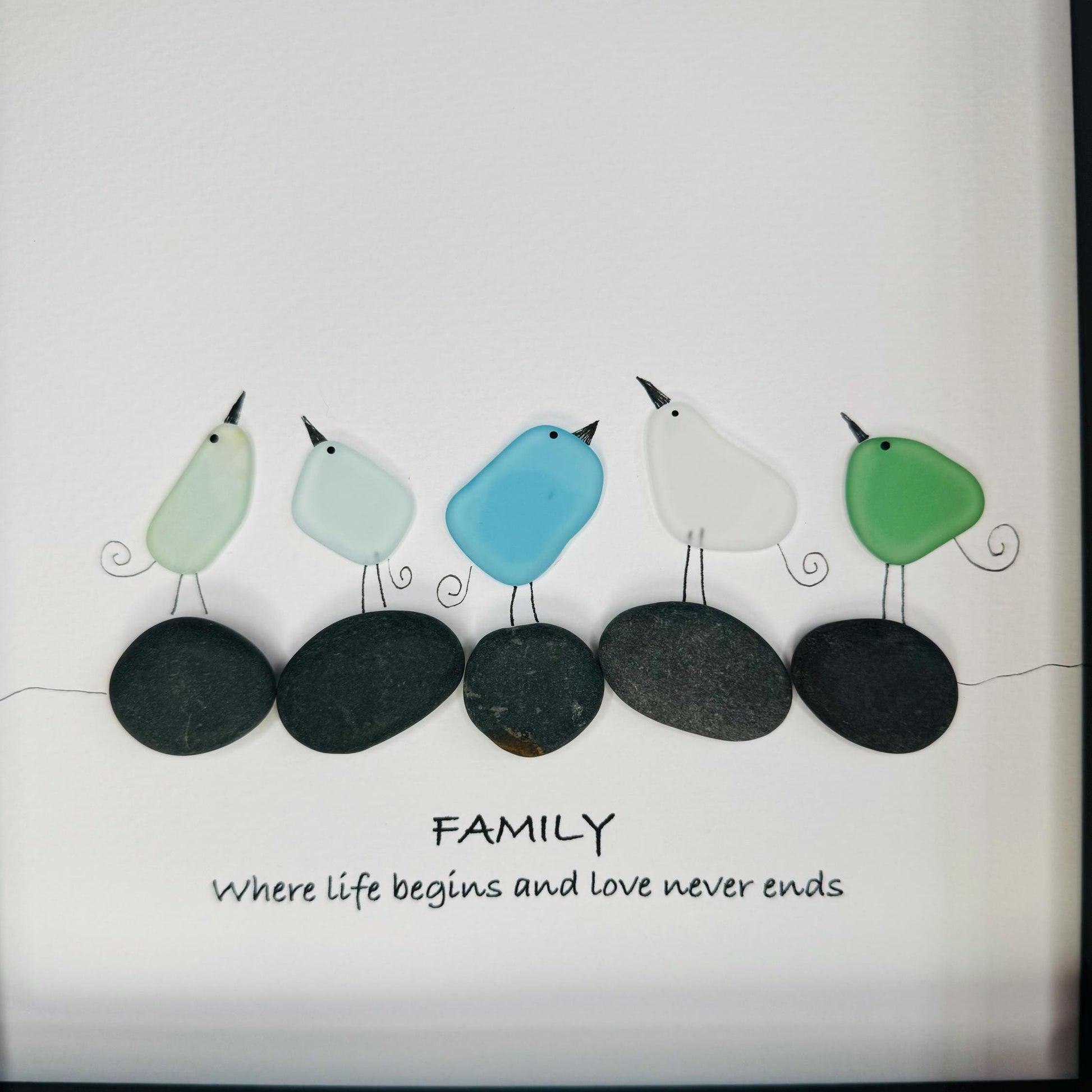 Sea Glass Pebble Art: Family Bird Scene, Framed Coastal Decor