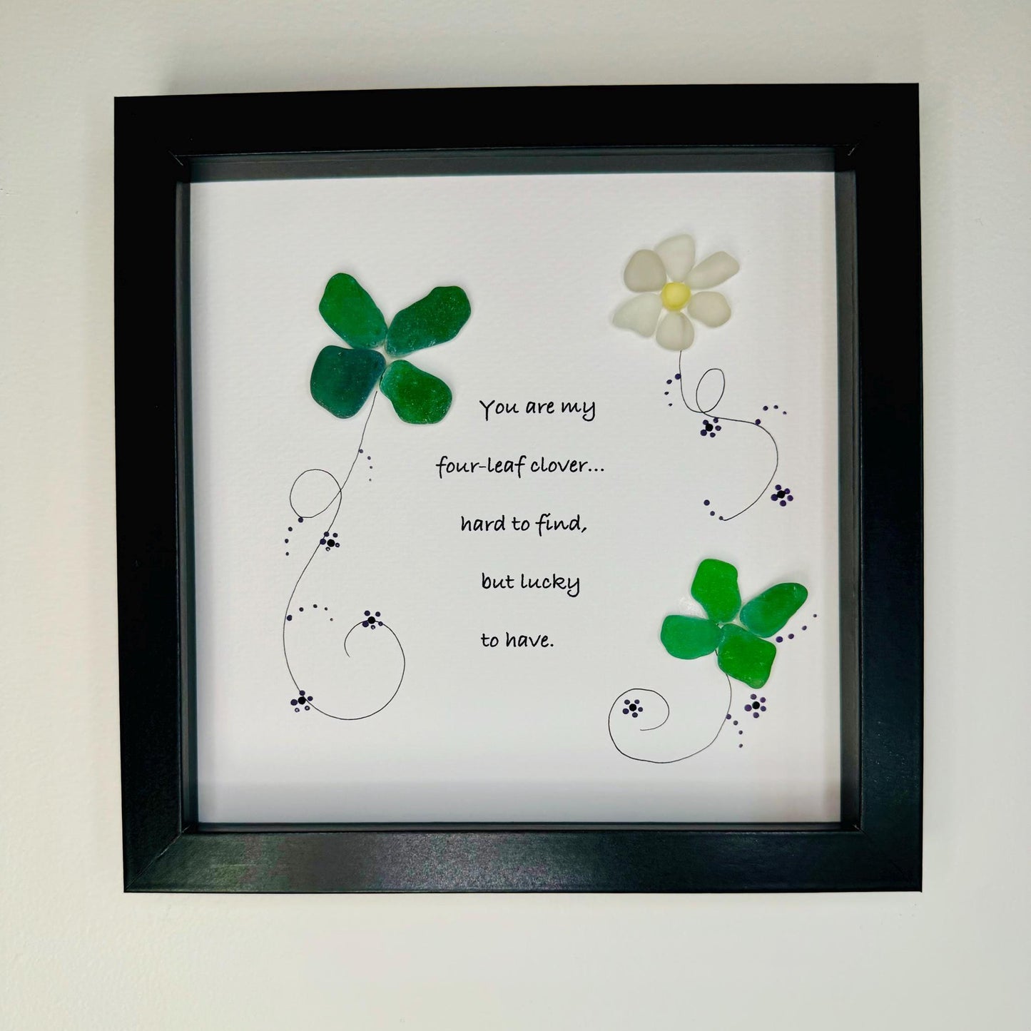 Sea Glass Pebble Art, Pebble Art Four Leaf Clover, Gift for Friend, Friendship Gift, Seaglass Picture, Irish Clover Gift