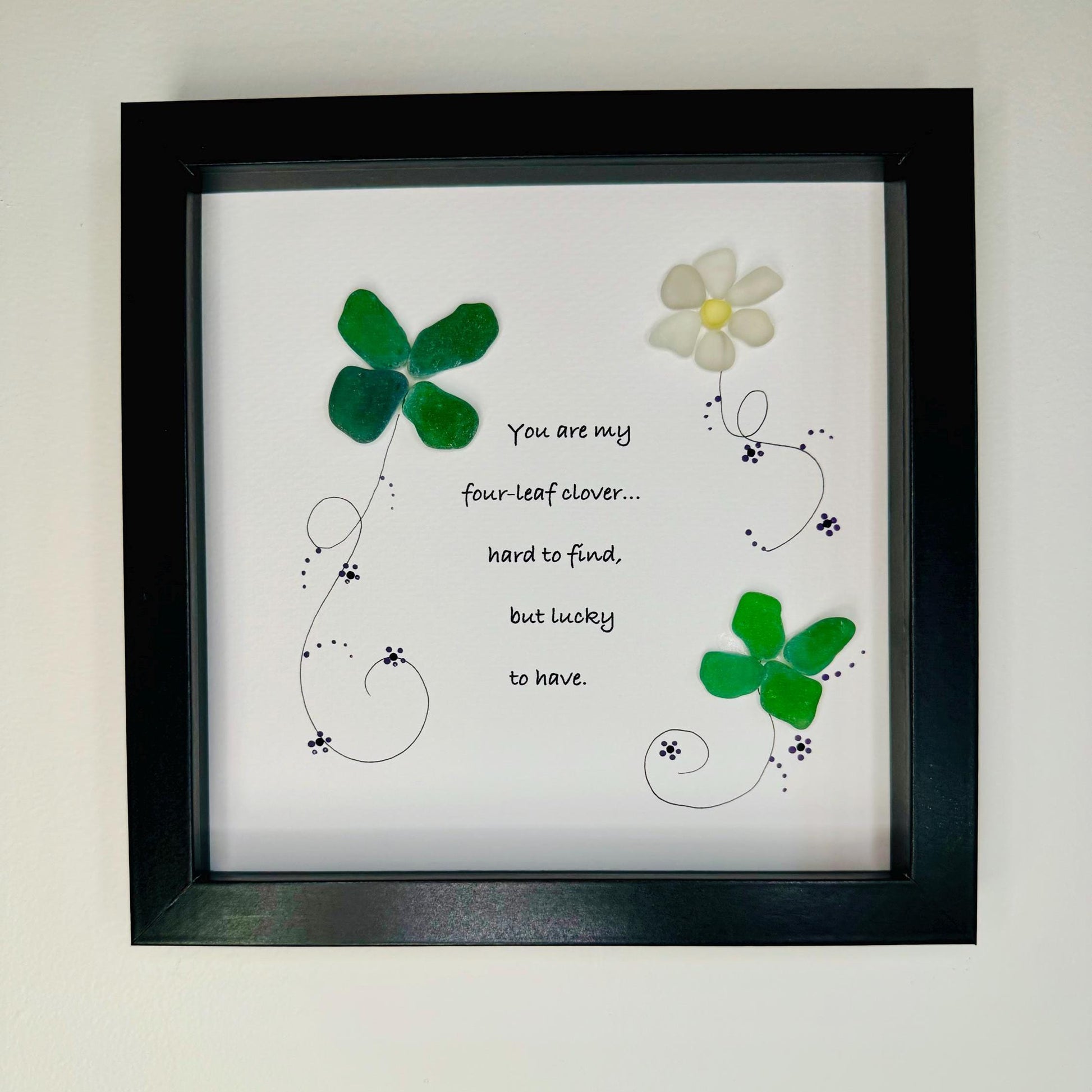 Sea Glass Pebble Art, Pebble Art Four Leaf Clover, Gift for Friend, Friendship Gift, Seaglass Picture, Irish Clover Gift
