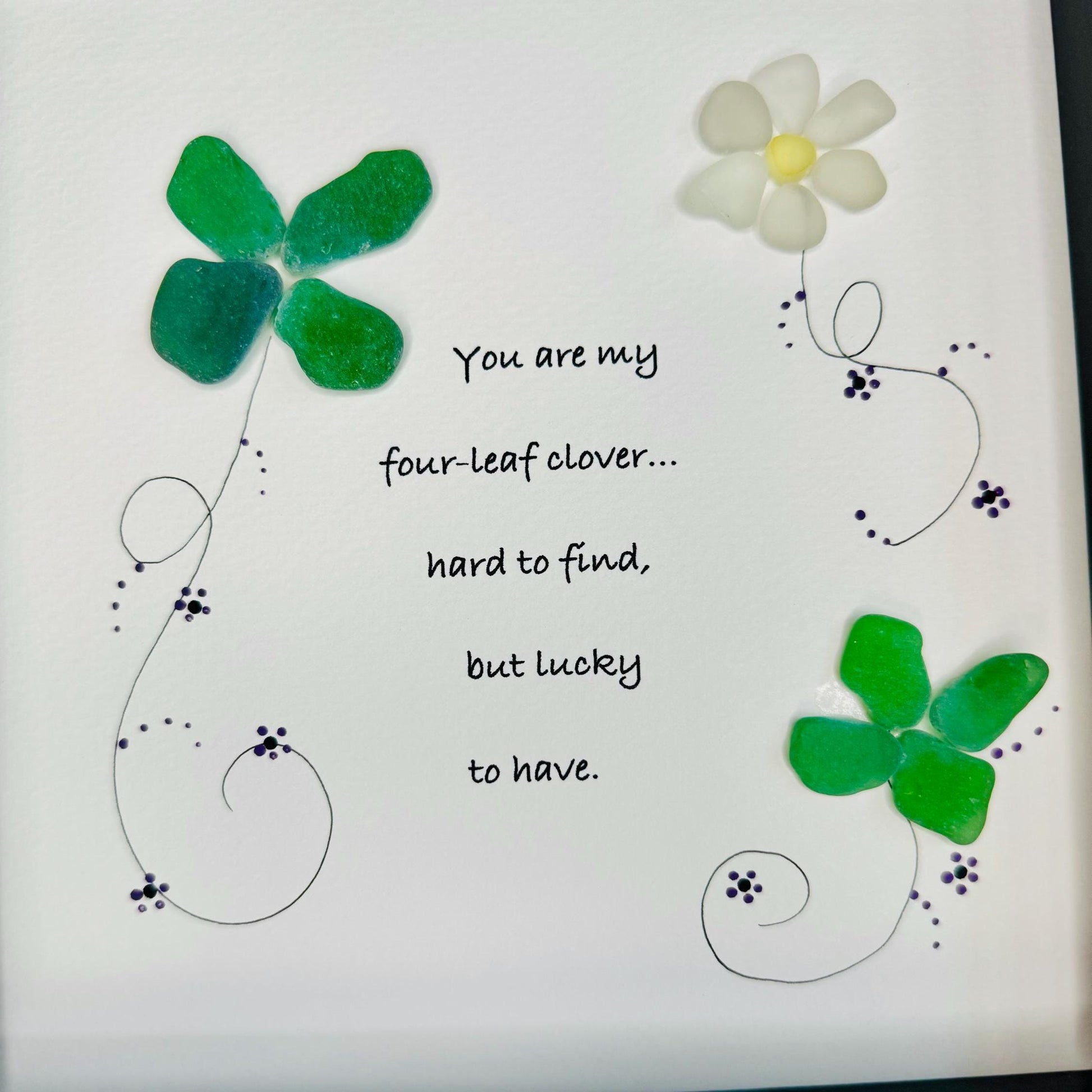 Sea Glass Pebble Art, Pebble Art Four Leaf Clover, Gift for Friend, Friendship Gift, Seaglass Picture, Irish Clover Gift
