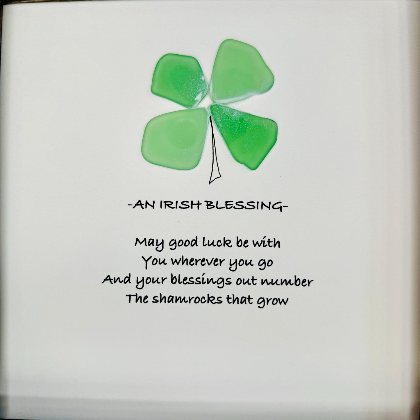 Sea Glass Pebble Art, Pebble Art Four Leaf Clover, Gift for Friend, Friendship Gift, Seaglass Picture, Irish Blessing