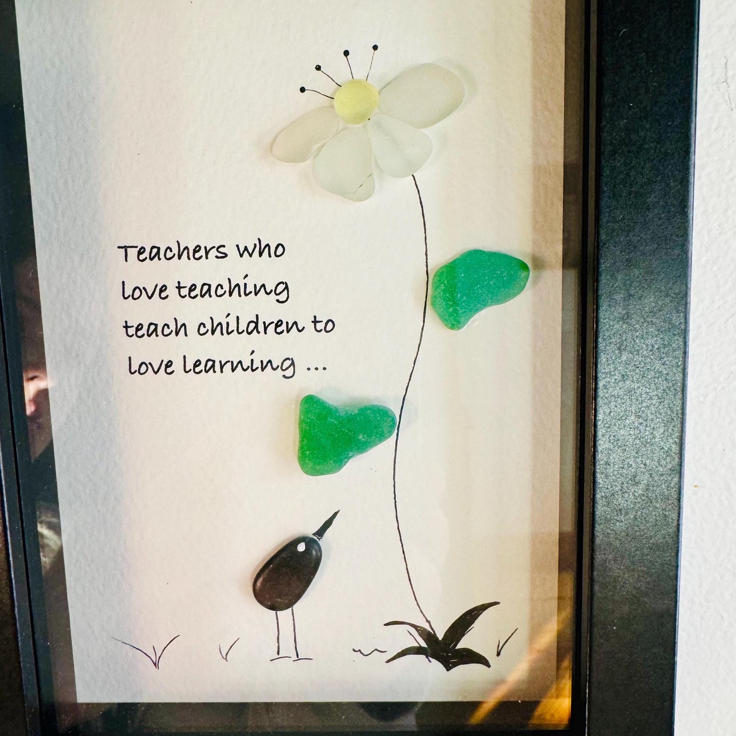 Sea Glass Pebble Art, Pebble Art Flower, Gift for Teacher, Friendship Gift, Seaglass Picture, Teacher Gift