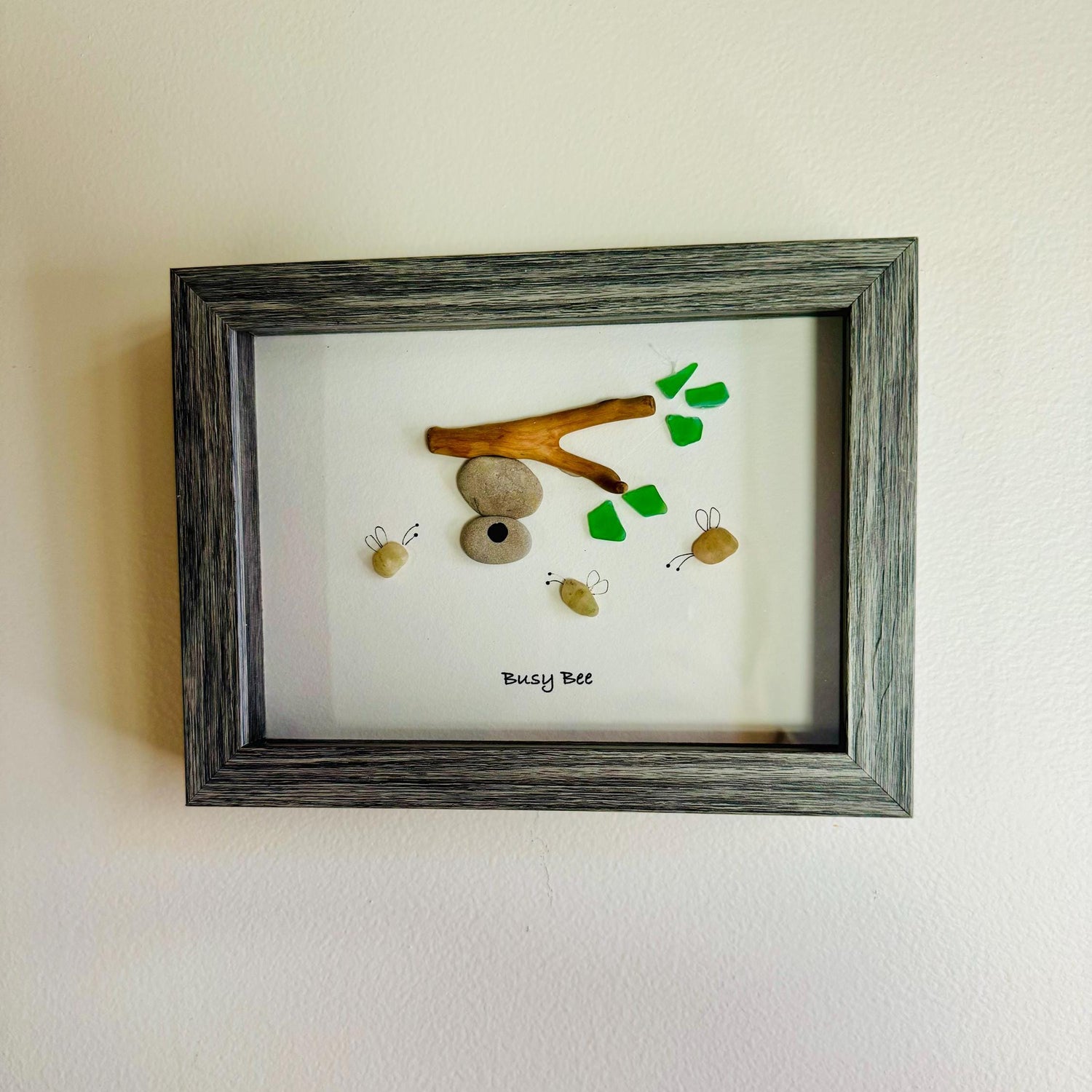 Sea Glass Pebble Art, Pebble Art Bee Hive, Gift for Her, Friendship Gift, Seaglass Picture, Busy Bee