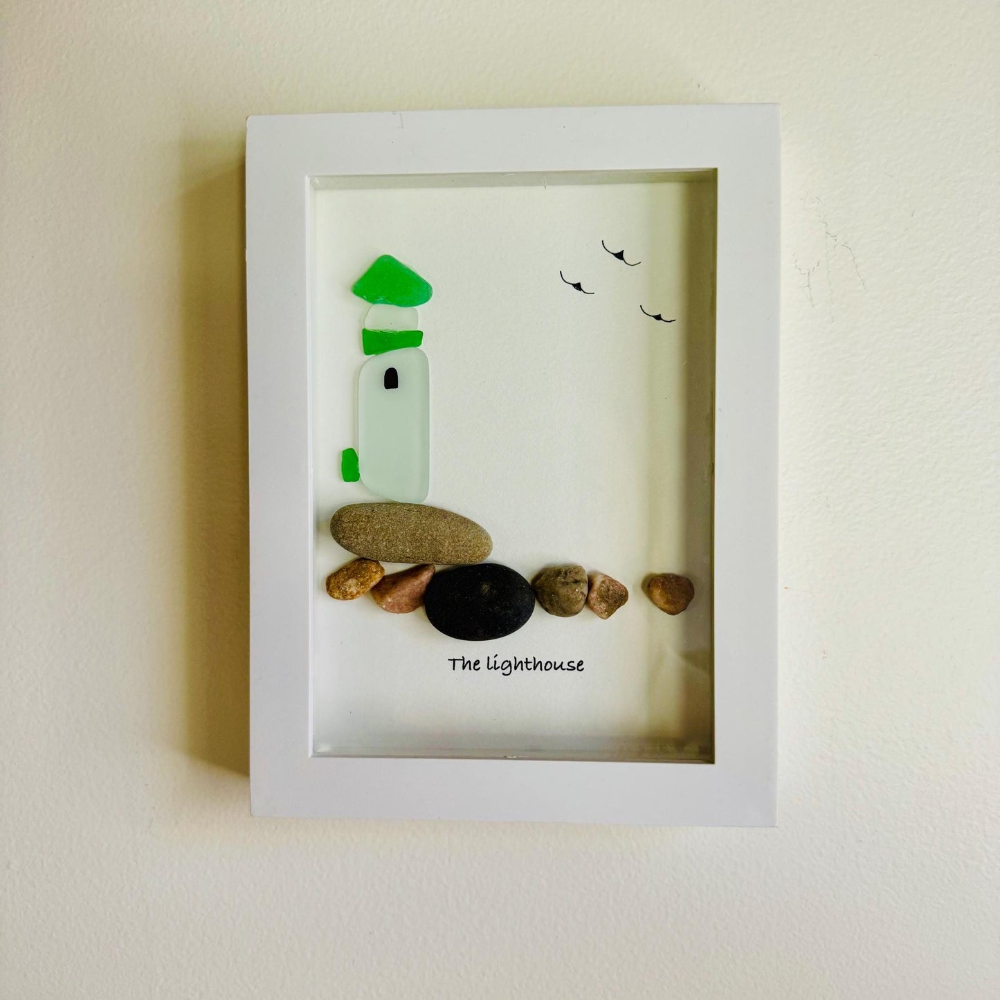 Sea Glass Pebble Art, Pebble Art Lighthouse, Gift for Her, Friendship Gift, Seaglass Picture, Coastal Decor