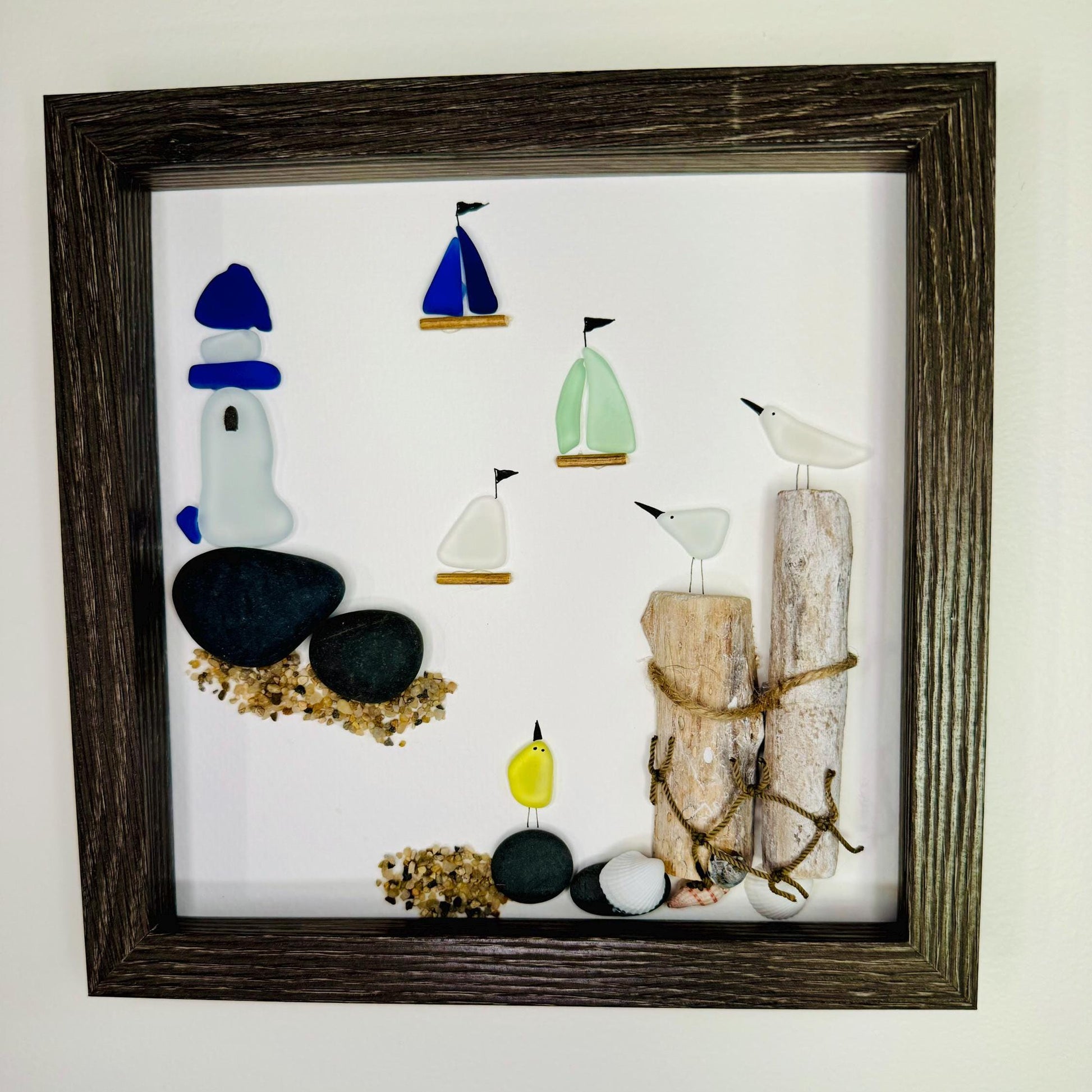 Sea Glass Pebble Art, Pebble Art Lighthouse, Gift for Her, Seaglass Picture, Coastal Artwork