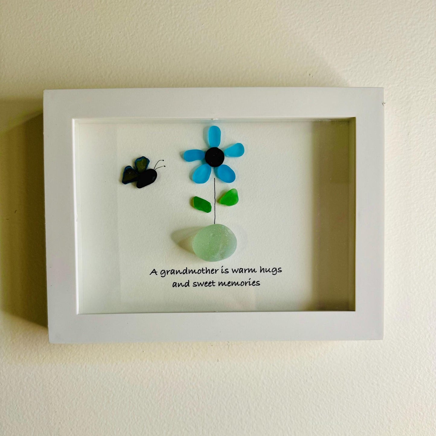 Sea Glass Pebble Art, Pebble Art Flower, Gift for Grandmother, Grandparent Gift, Seaglass Picture, Grandmother Gift