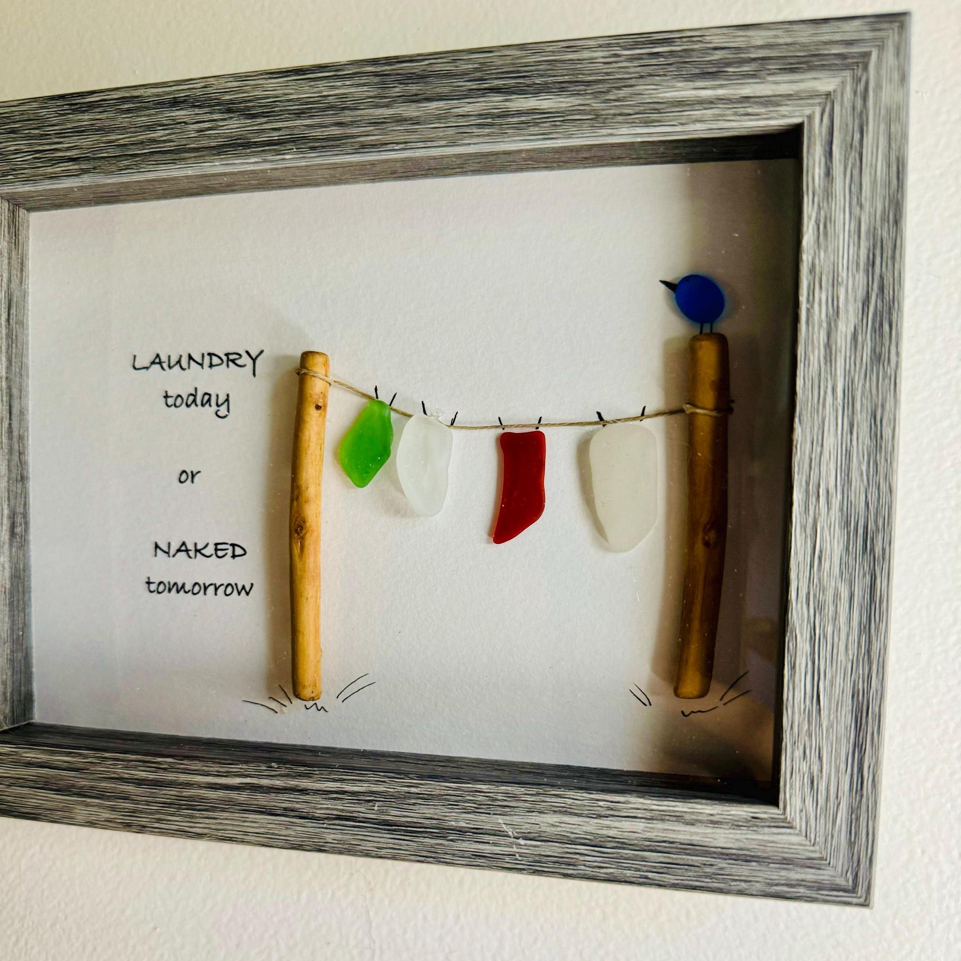 Sea Glass Pebble Art, Pebble Art Clothes Line, Gift for Her, Friendship Gift, Seaglass Picture, Housewarming Gift, Laundry Day