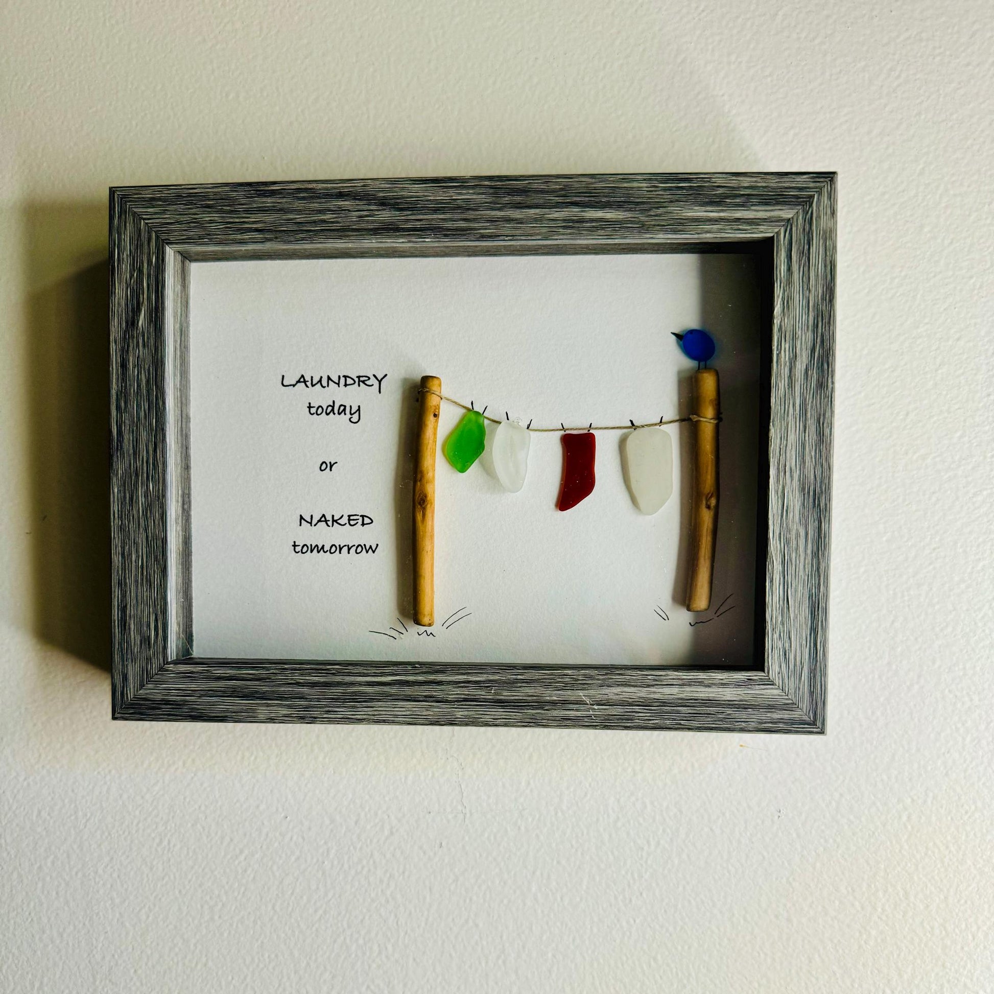 Sea Glass Pebble Art, Pebble Art Clothes Line, Gift for Her, Friendship Gift, Seaglass Picture, Housewarming Gift, Laundry Day