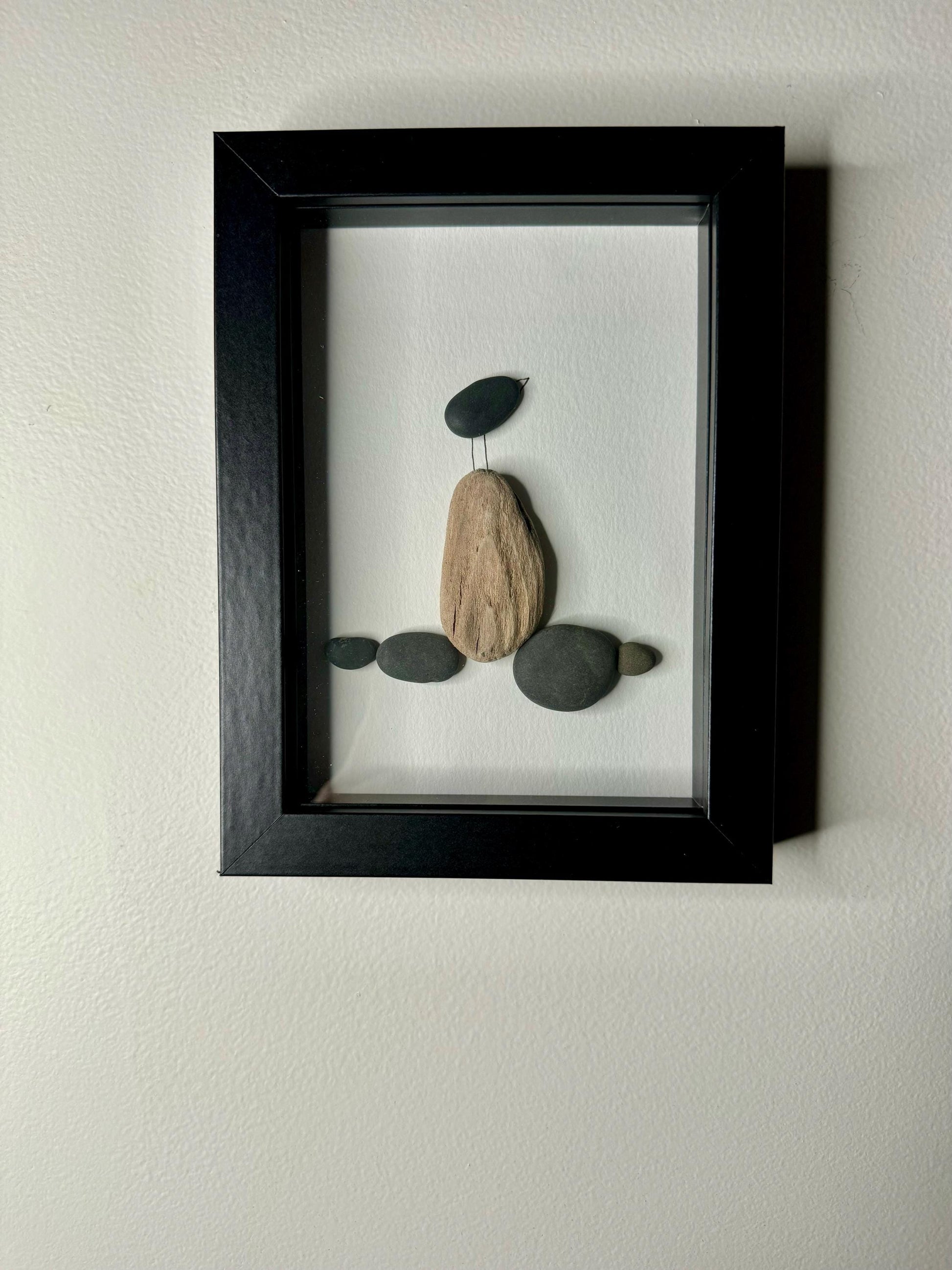 Sea Glass Pebble Art: Bird on Watercolor Cardstock (5x7 Framed)