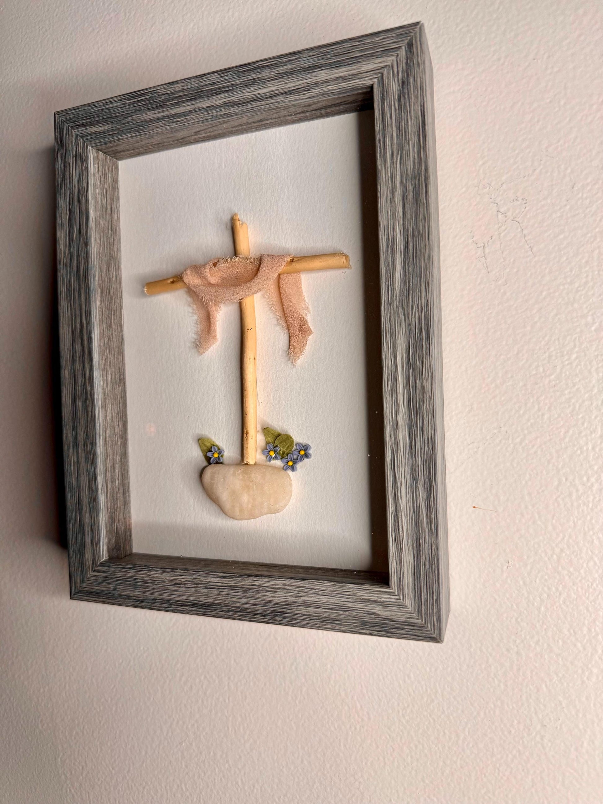 Sea Glass Pebble Art, Pebble Art Cross, Gift for Her, Religious Gift, Seaglass Picture, Blessings