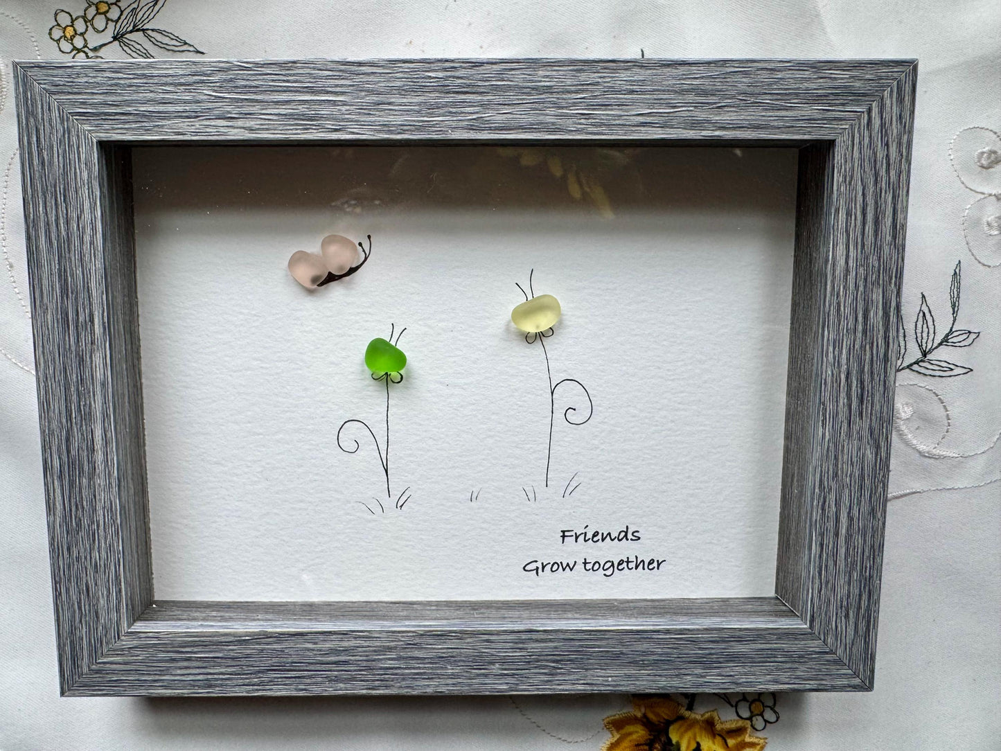Sea Glass Pebble Art, Pebble Art Flowers, Gift for Her, Friendship Gift, Seaglass Picture, Best Friend Gift