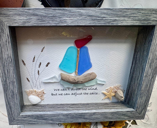 Sea Glass Pebble Art: Coastal Sailboat Artwork