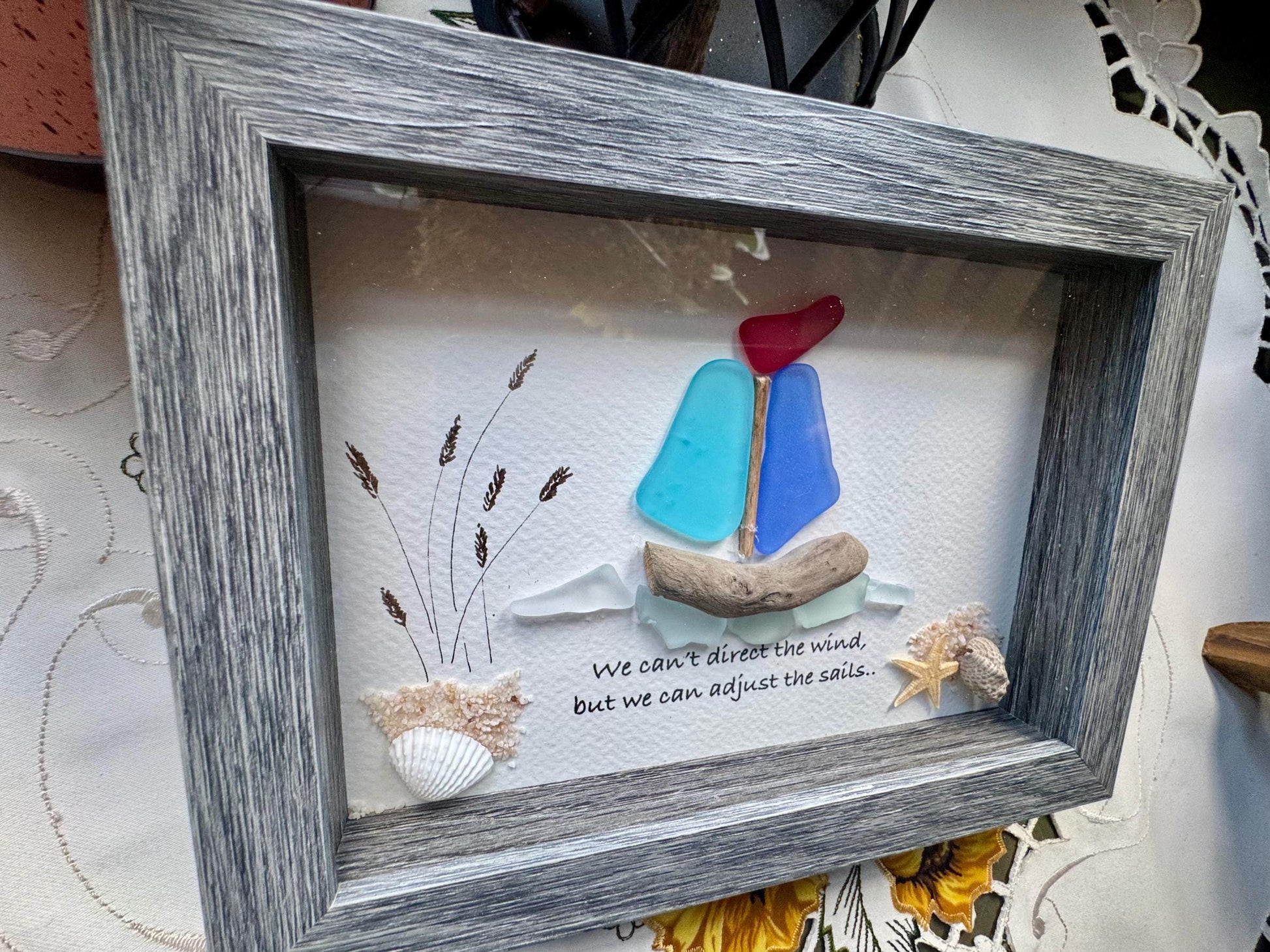 Sea Glass Pebble Art: Coastal Sailboat Artwork