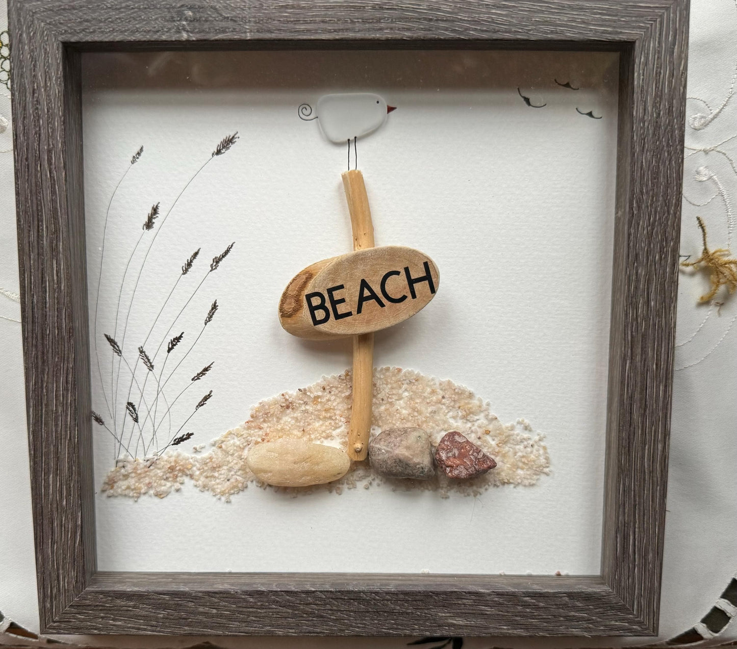 Sea Glass Pebble Art, Pebble Art Beach Scene, Gift for Her, Friendship Gift, Seaglass Picture, Beach Lover