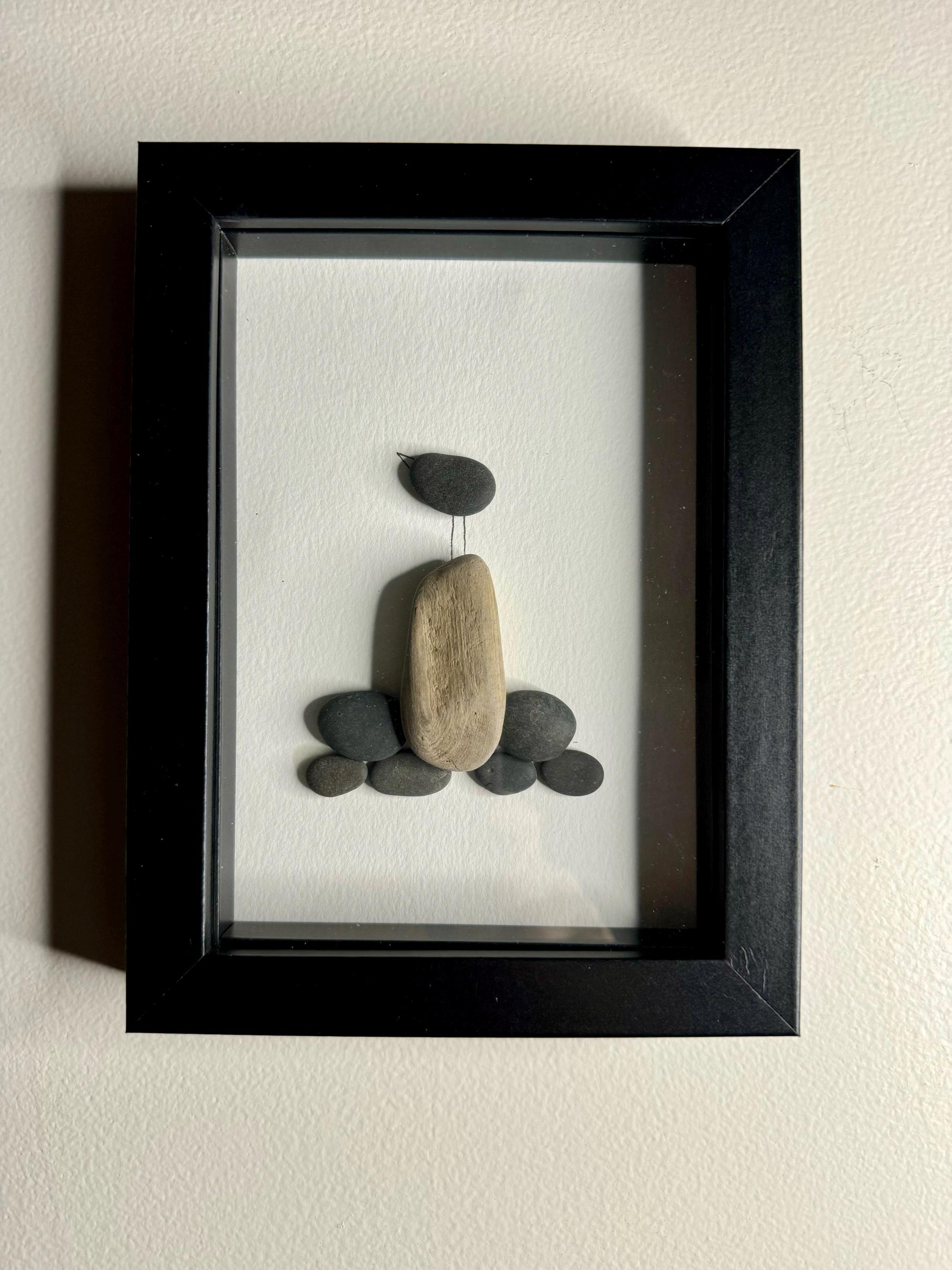 Sea Glass Pebble Art: Bird on Watercolor Cardstock (5x7 Framed)