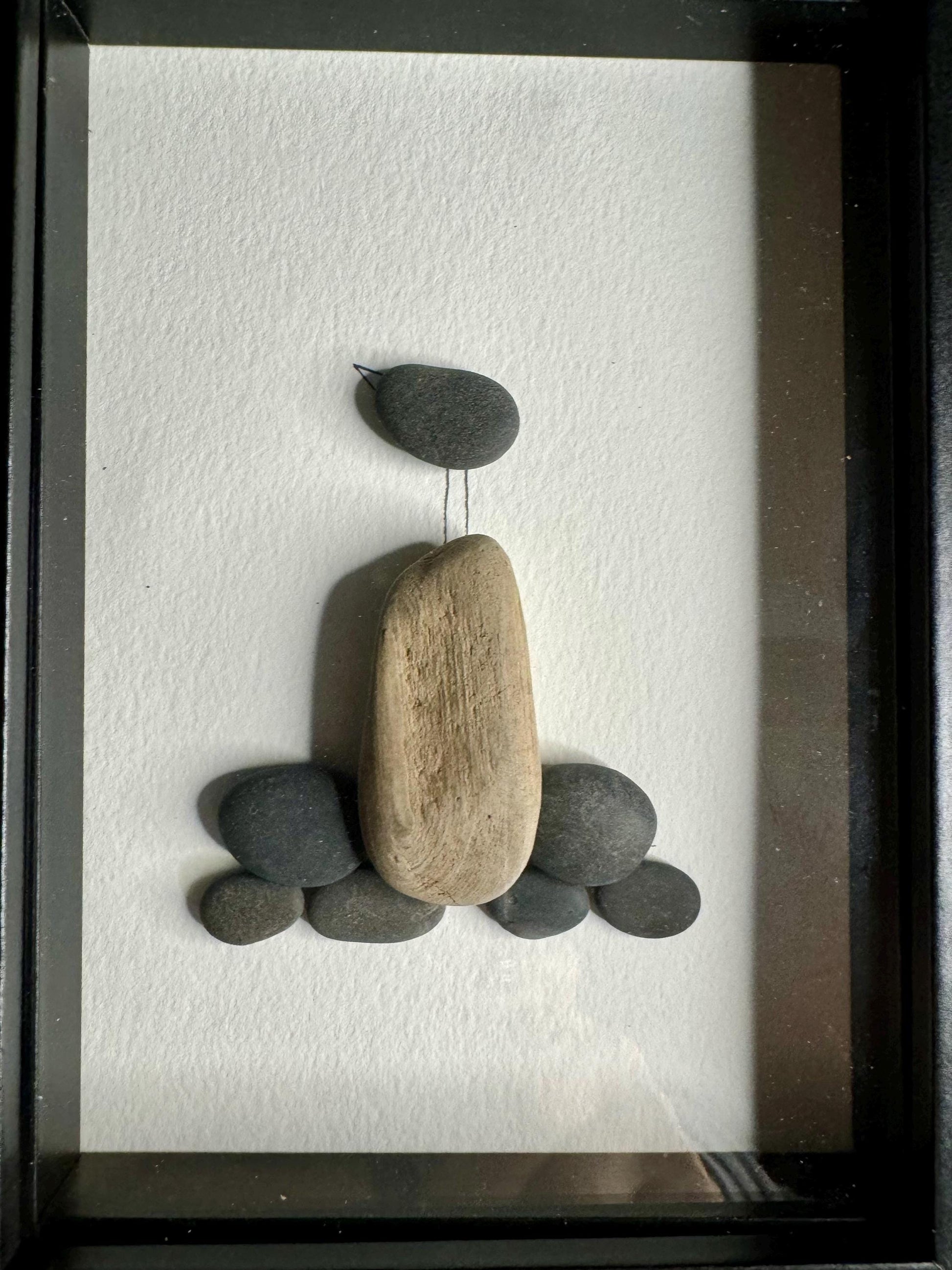 Sea Glass Pebble Art: Bird on Watercolor Cardstock (5x7 Framed)