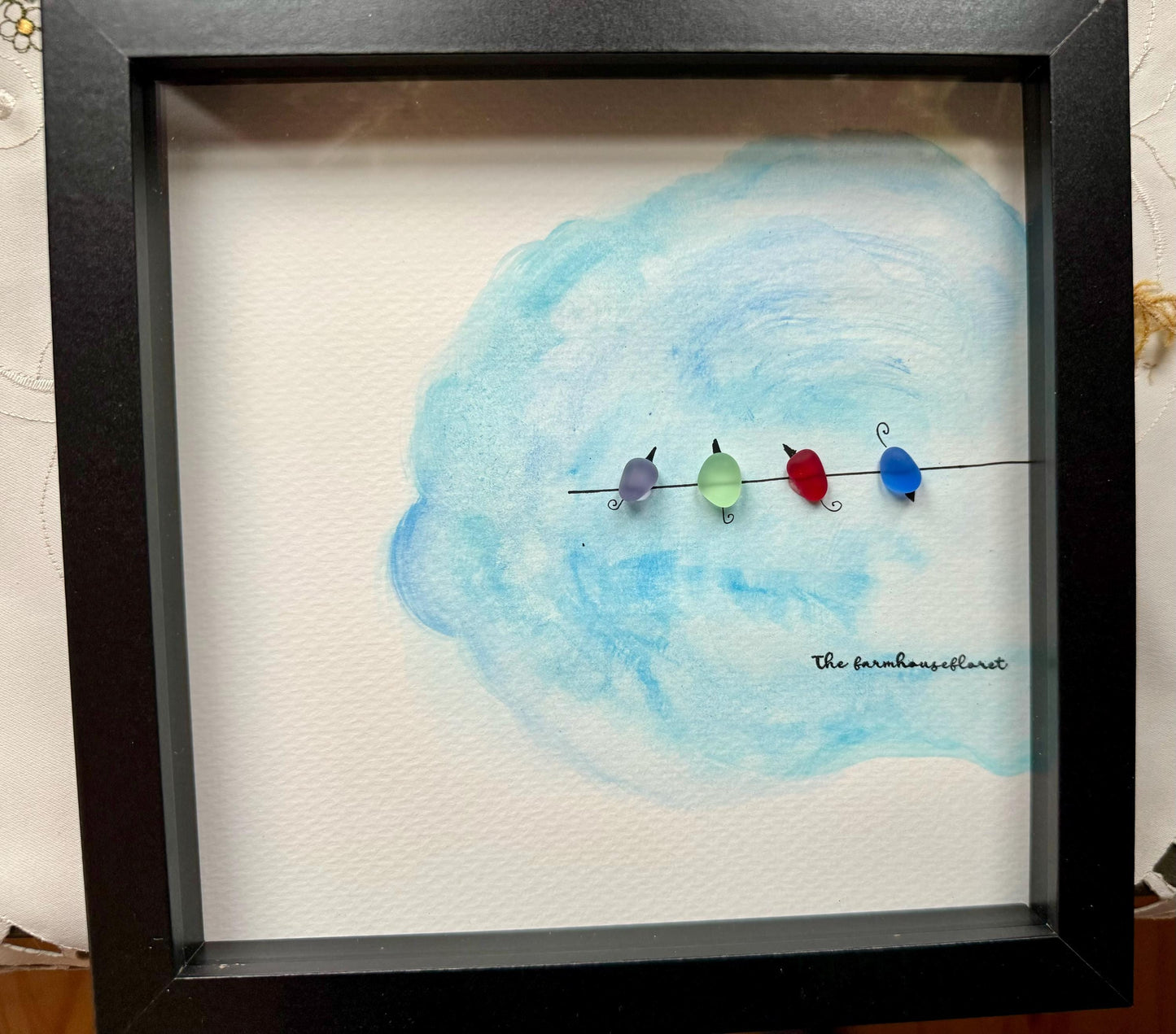 Sea Glass Bird Pebble Art: Friendship Gift, Framed 10"x10"