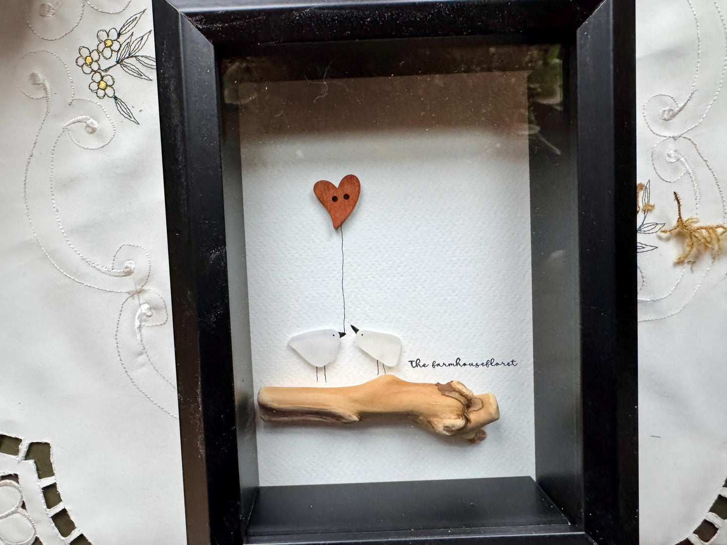 Sea Glass Pebble Art, Pebble Art Love Birds, Gift for Her, Valentines Day Gift, Seaglass Picture, Love