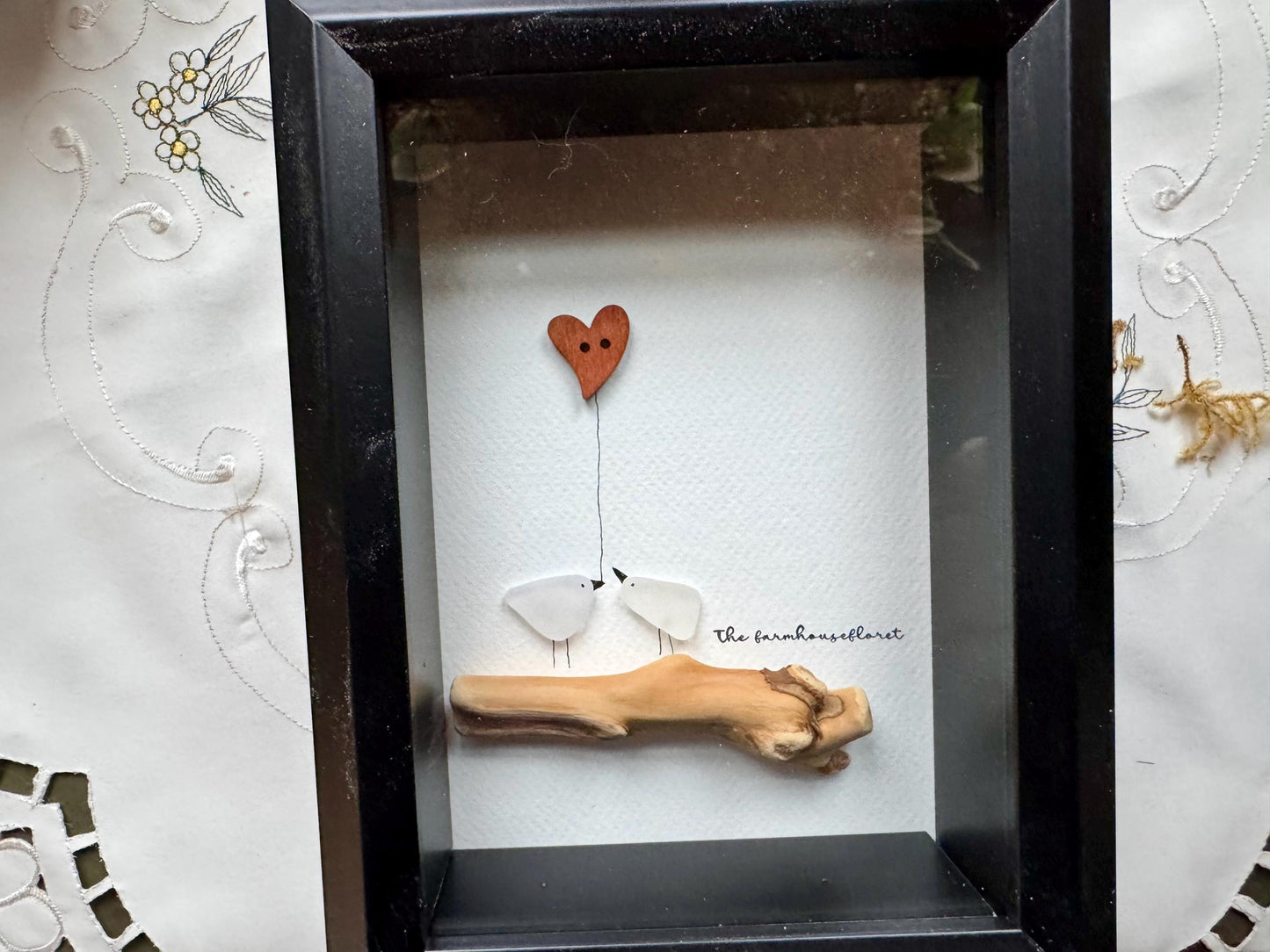 Sea Glass Love Birds Pebble Art - Framed Watercolor Cardstock