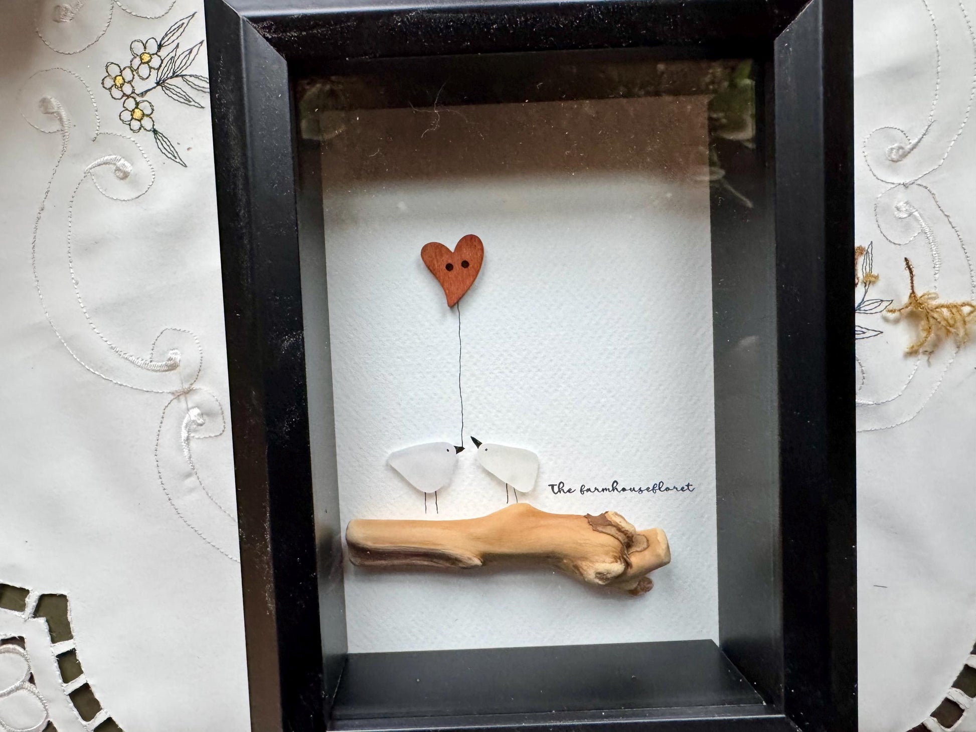 Sea Glass Love Birds Pebble Art - Framed Watercolor Cardstock