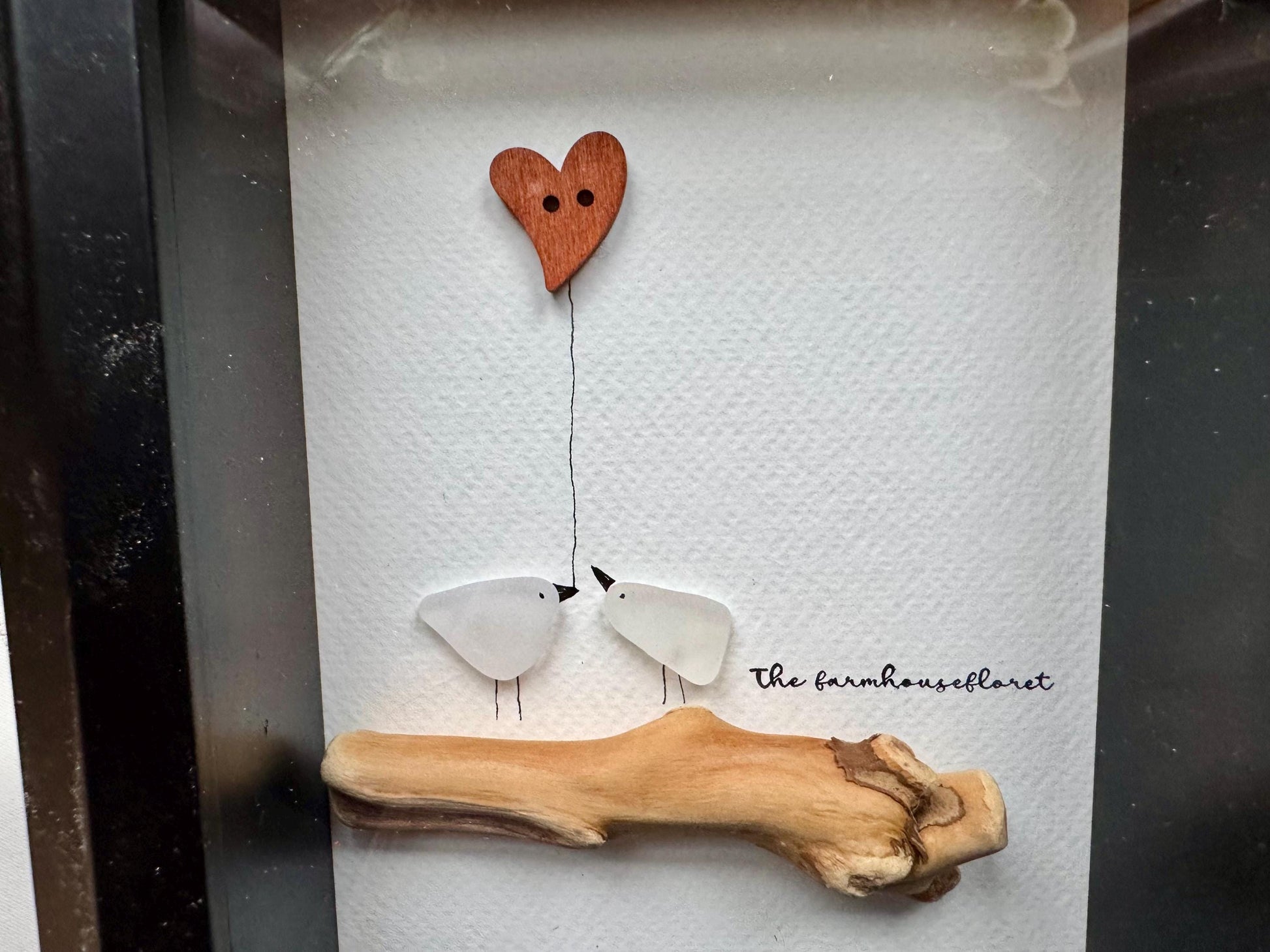 Sea Glass Love Birds Pebble Art - Framed Watercolor Cardstock