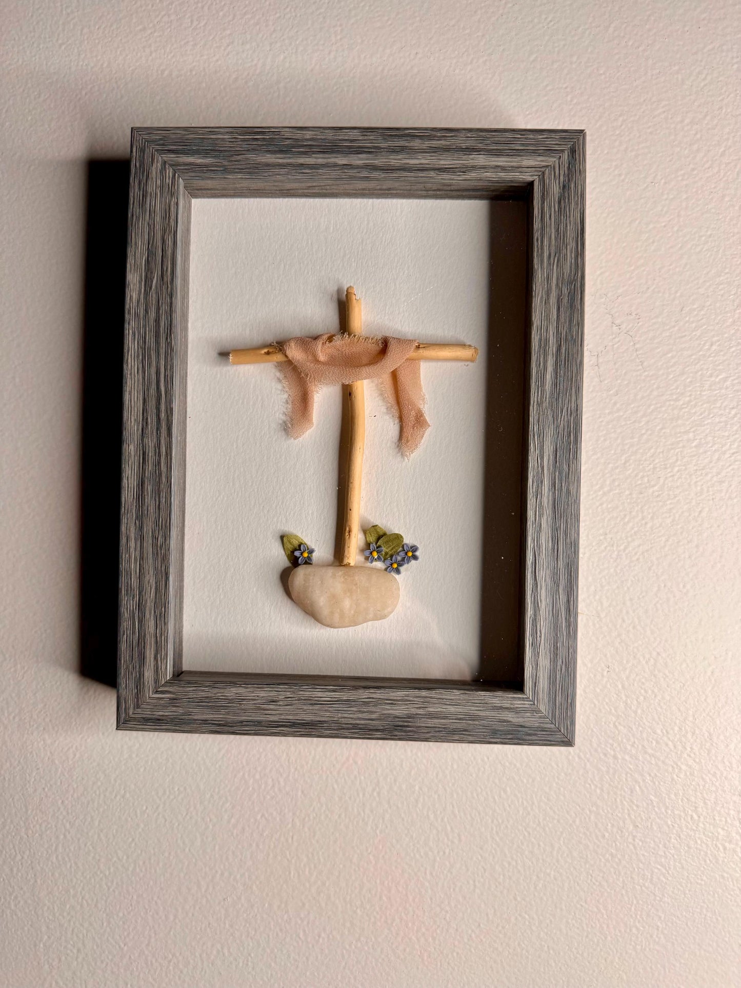 Sea Glass Pebble Art, Pebble Art Cross, Gift for Her, Religious Gift, Seaglass Picture, Blessings