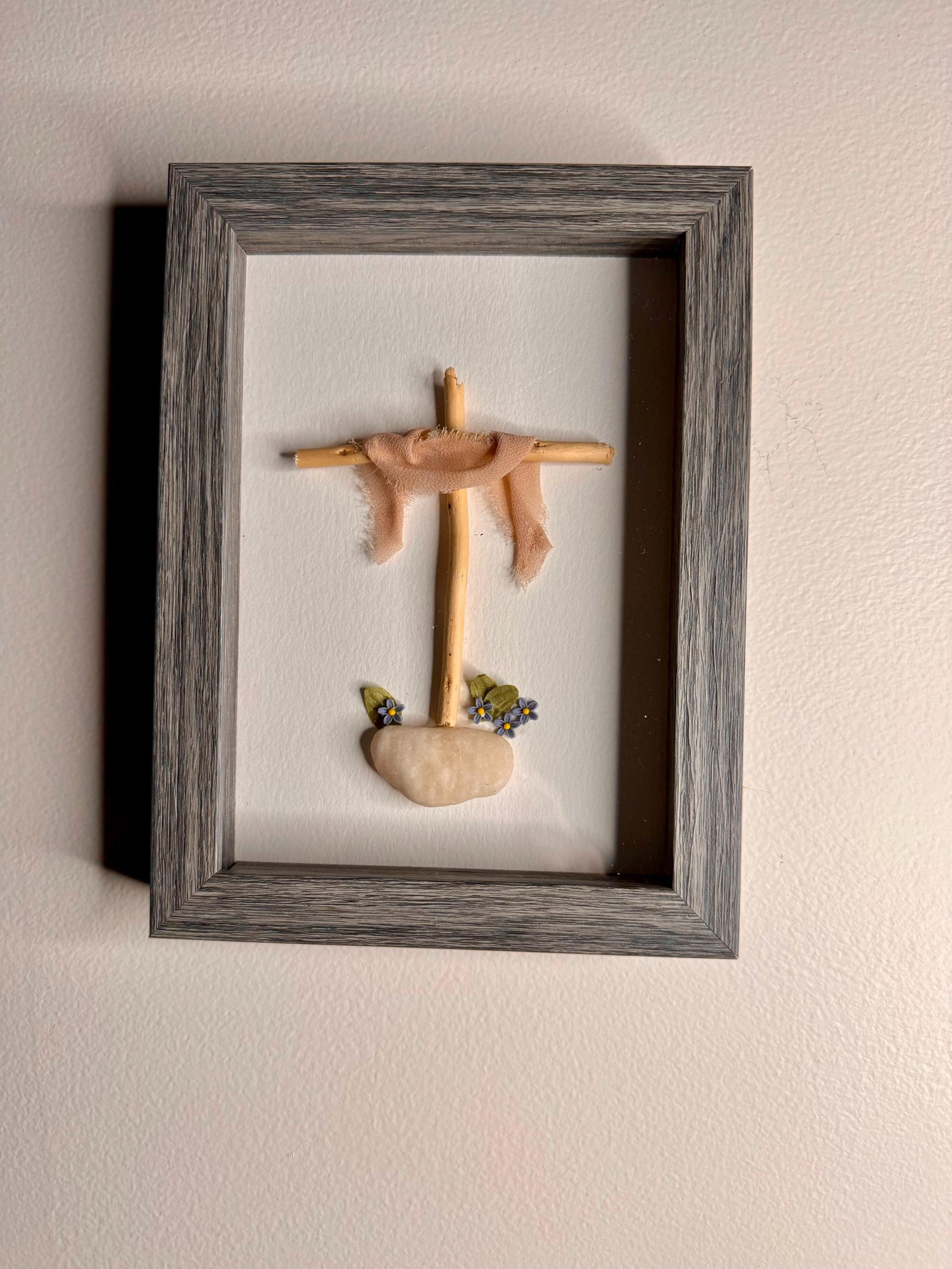 Sea Glass Pebble Art, Pebble Art Cross, Gift for Her, Religious Gift, Seaglass Picture, Blessings