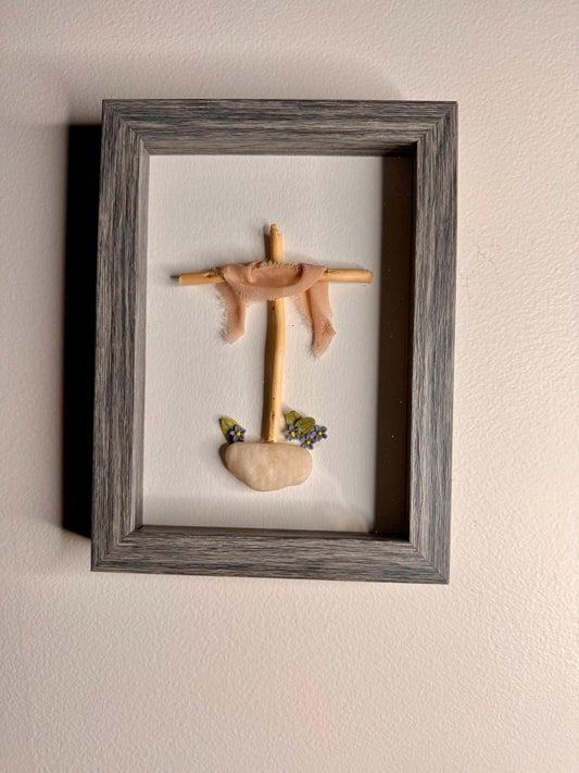 Sea Glass Pebble Art, Pebble Art Cross, Gift for Her, Religious Gift, Seaglass Picture, Blessings