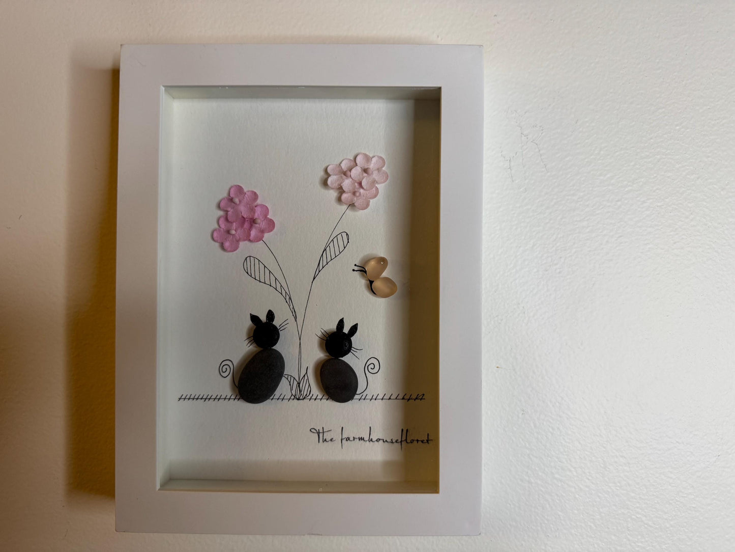 Sea Glass Pebble Art: Cat & Flower Picture, Friendship Gift