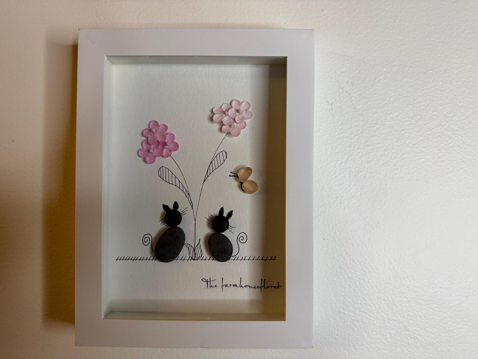 Sea Glass Pebble Art: Cat & Flower Picture, Friendship Gift