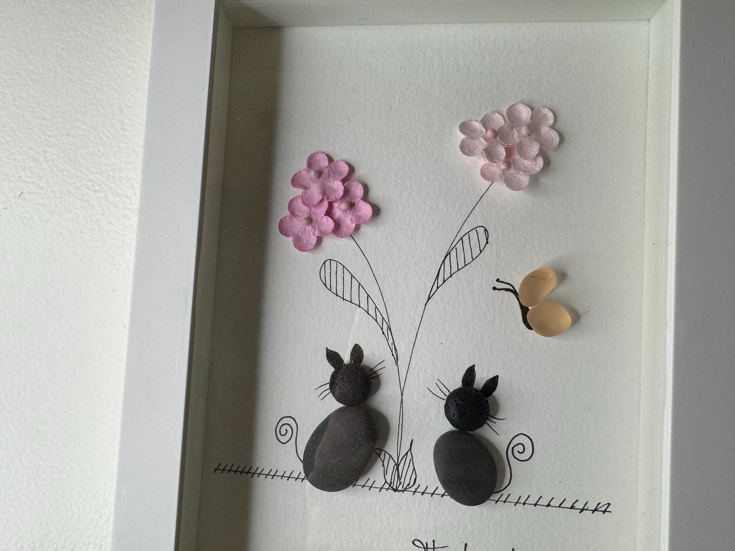 Sea Glass Pebble Art: Cat & Flower Picture, Friendship Gift