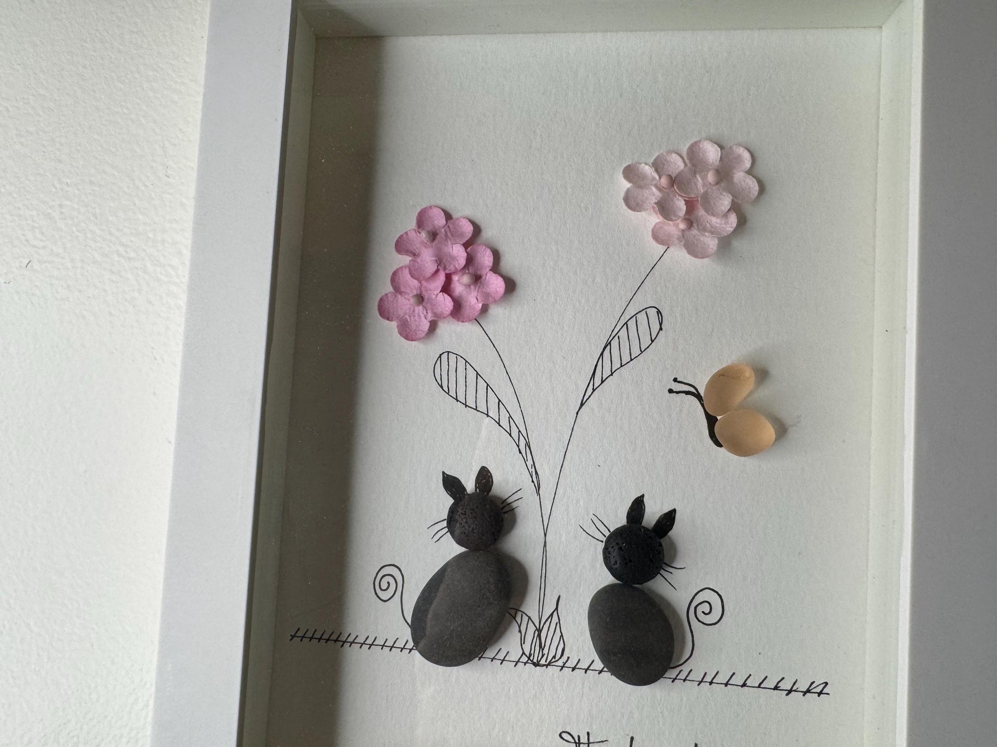 Sea Glass Pebble Art: Cat & Flower Picture, Friendship Gift