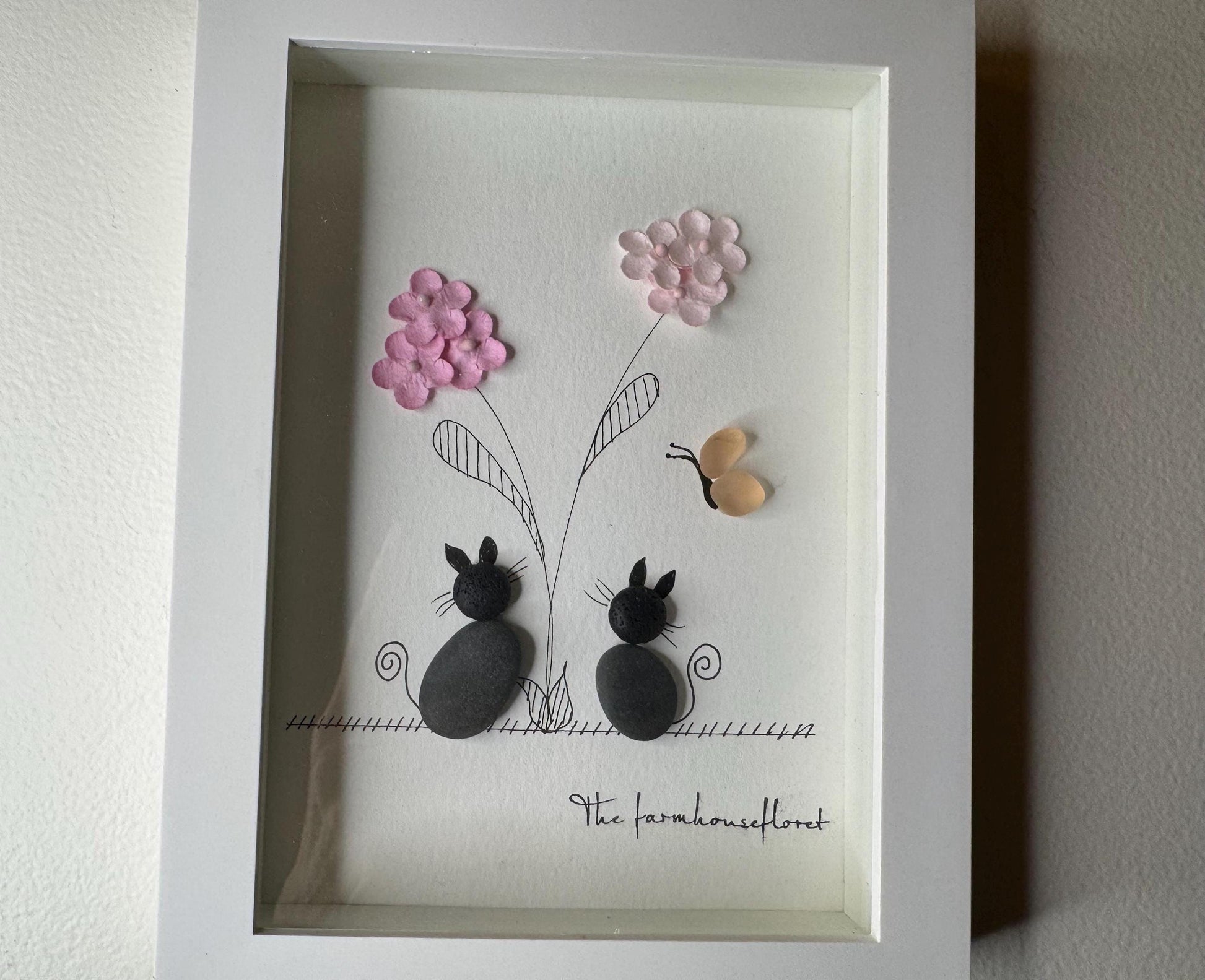 Sea Glass Pebble Art: Cat & Flower Picture, Friendship Gift
