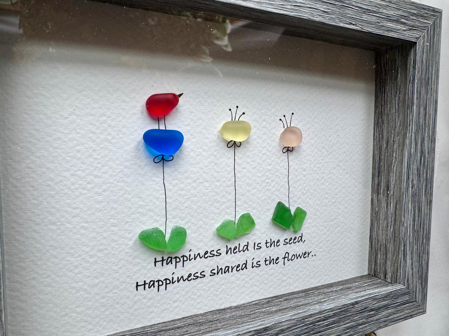 Sea Glass Pebble Art: Framed Floral Picture, Friendship Gift