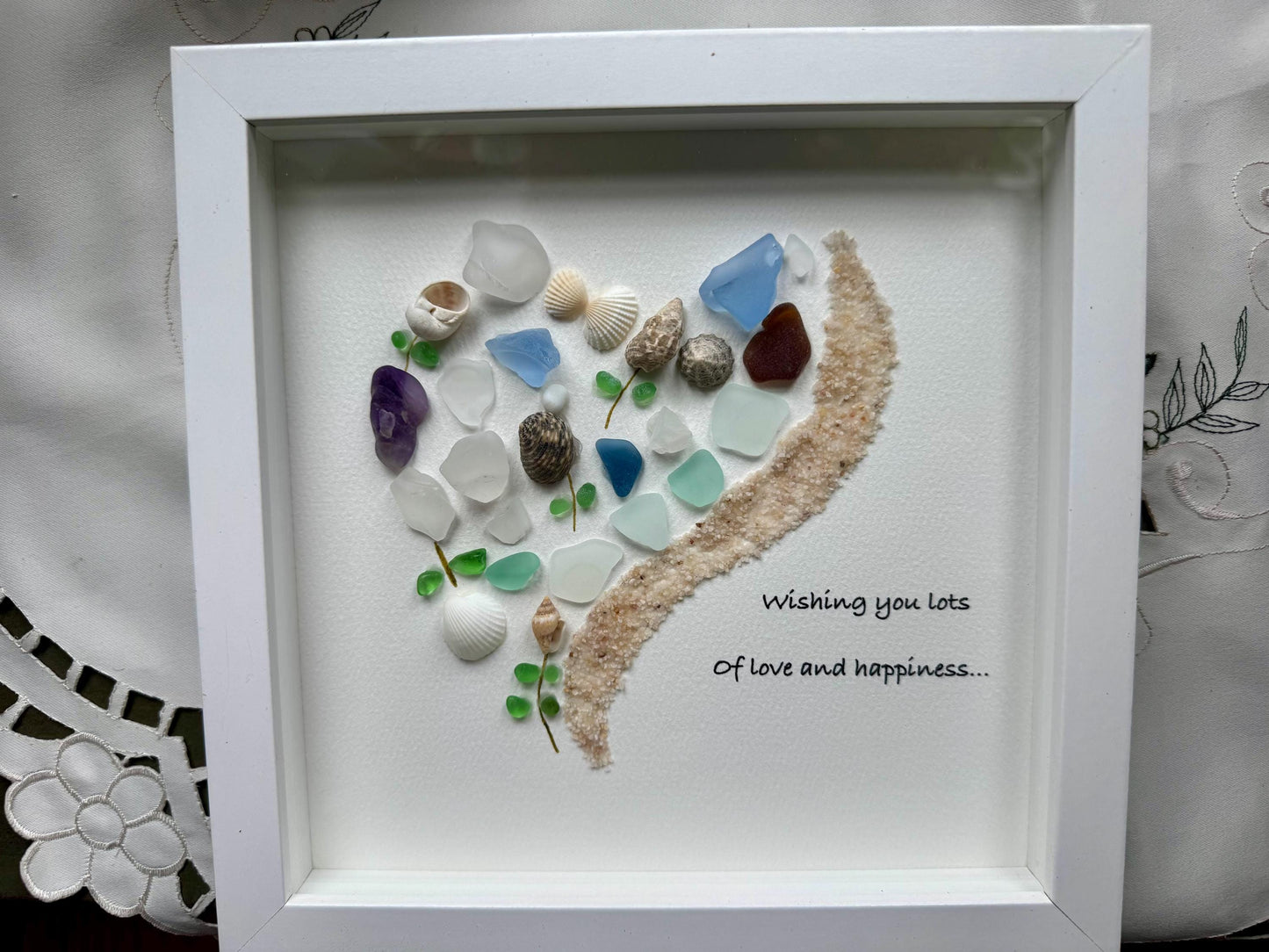 Sea Glass Beach Scene • Coastal Friendship Gift • Beach Lover Wall Art • Pebble & Shell Heart Art • Ocean Themed Home Decor