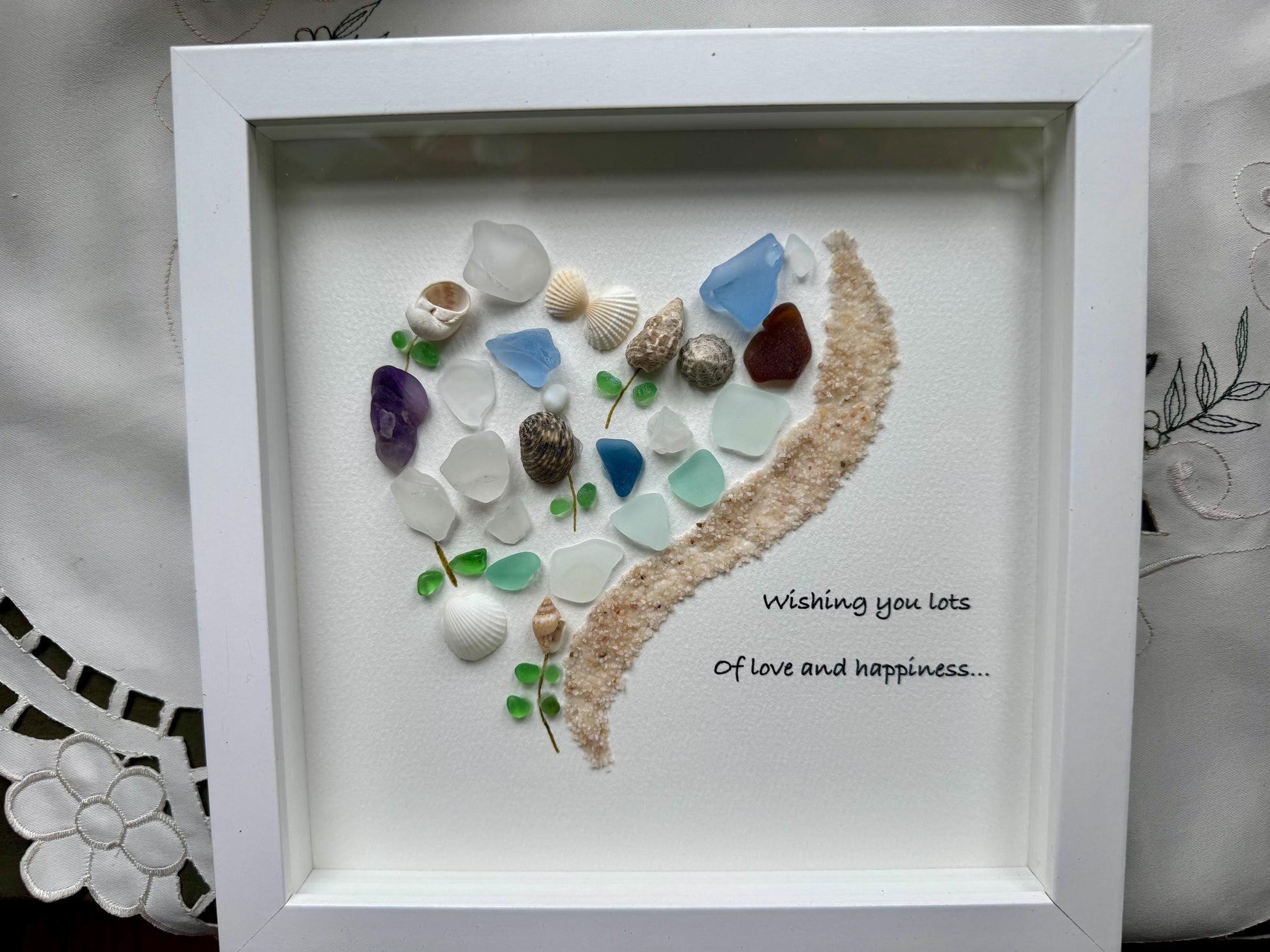 Sea Glass Beach Scene • Coastal Friendship Gift • Beach Lover Wall Art • Pebble & Shell Heart Art • Ocean Themed Home Decor