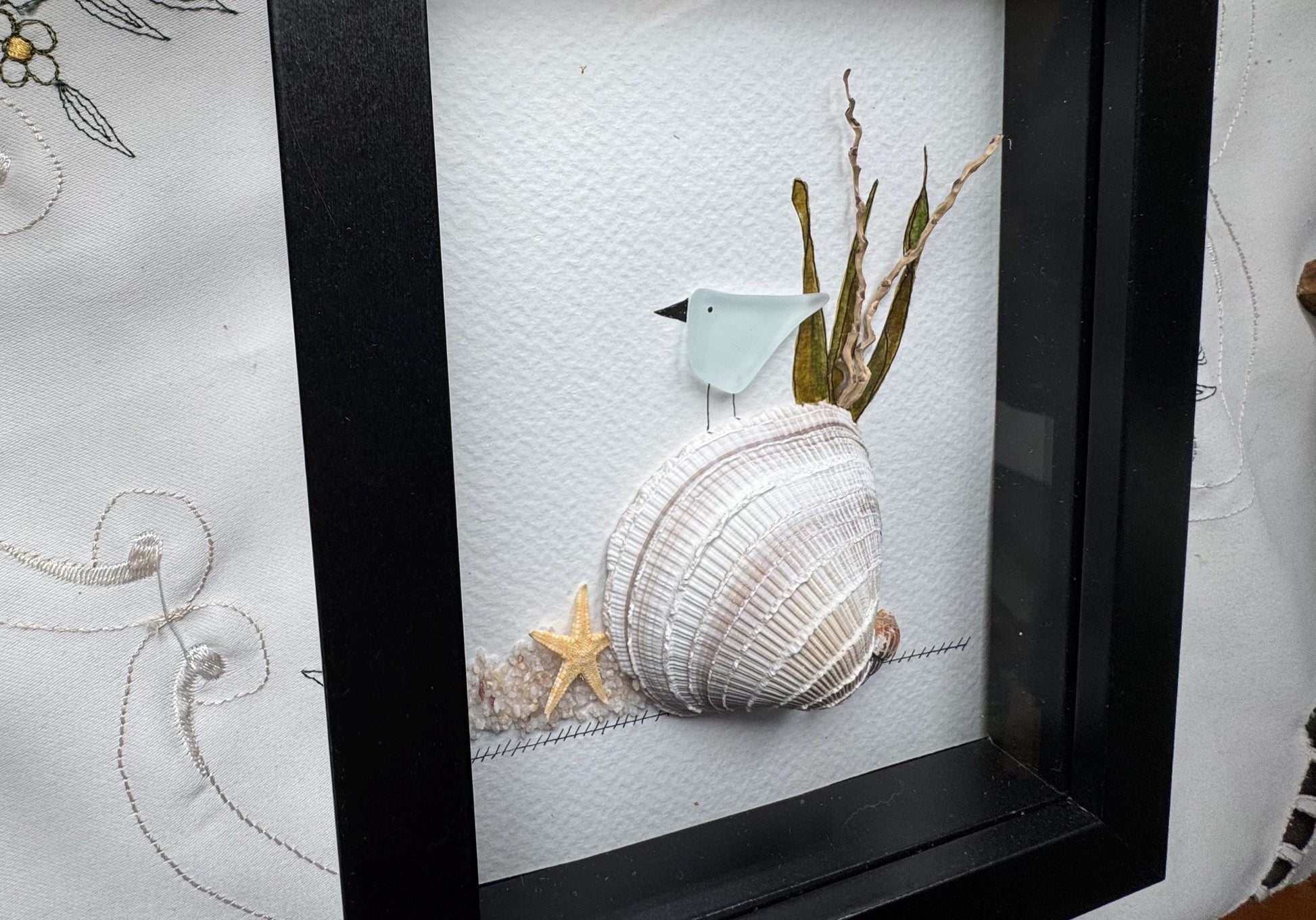 Sea Glass Pebble Art: Framed Beach Scene, New England Seaglass