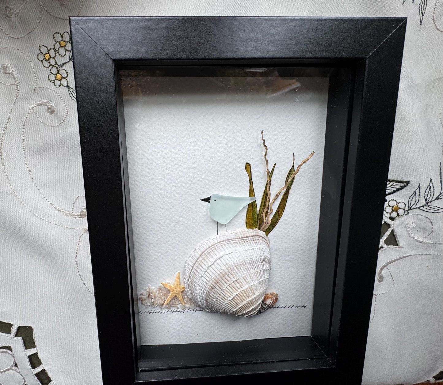 Sea Glass Pebble Art: Framed Beach Scene, New England Seaglass