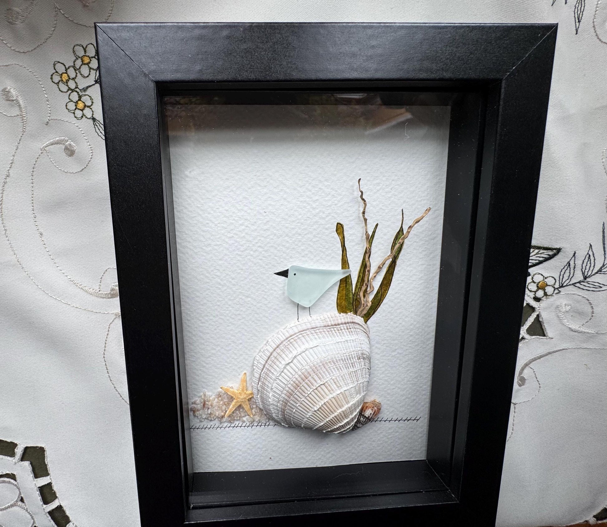 Sea Glass Pebble Art: Framed Beach Scene, New England Seaglass