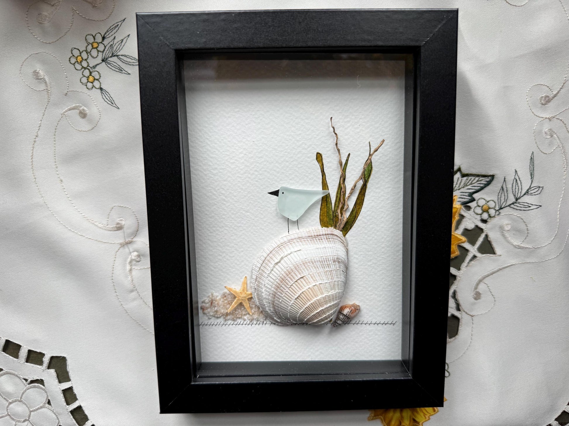 Sea Glass Pebble Art: Framed Beach Scene, New England Seaglass
