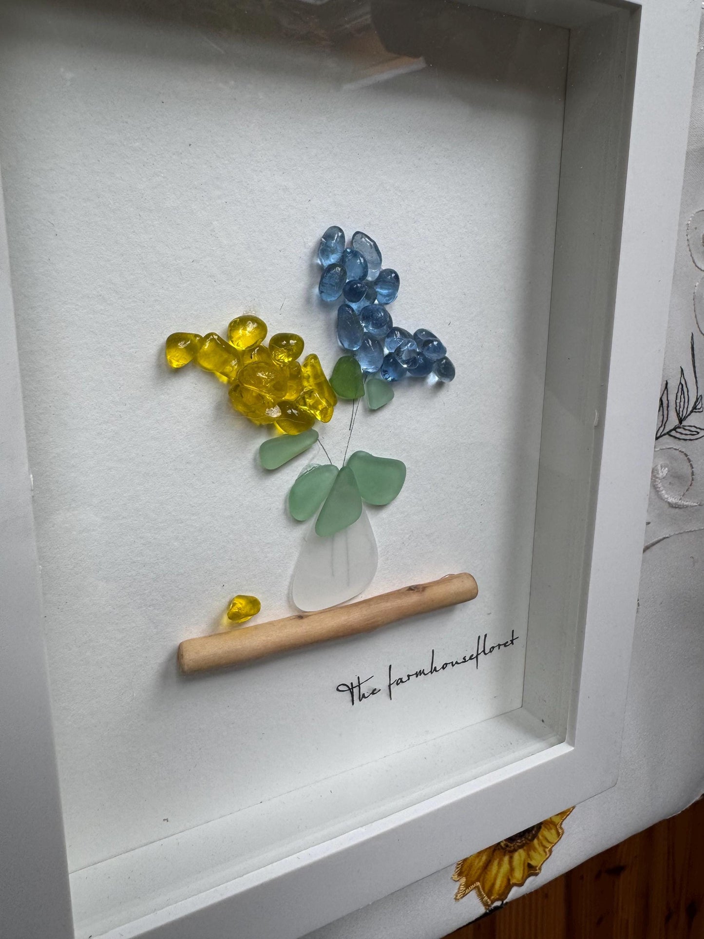 Sea Glass Pebble Art Flowers: Framed Coastal Decor (8x6)