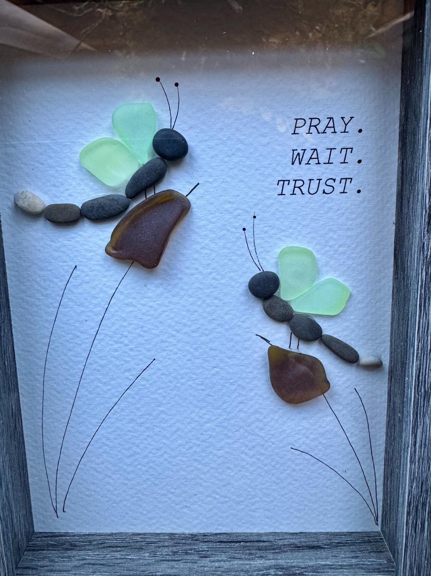 Sea Glass Pebble Art, Pebble Art Dragon Fly, Gift for Her, Friendship Gift, Seaglass Picture, Dragon Fly and Flower