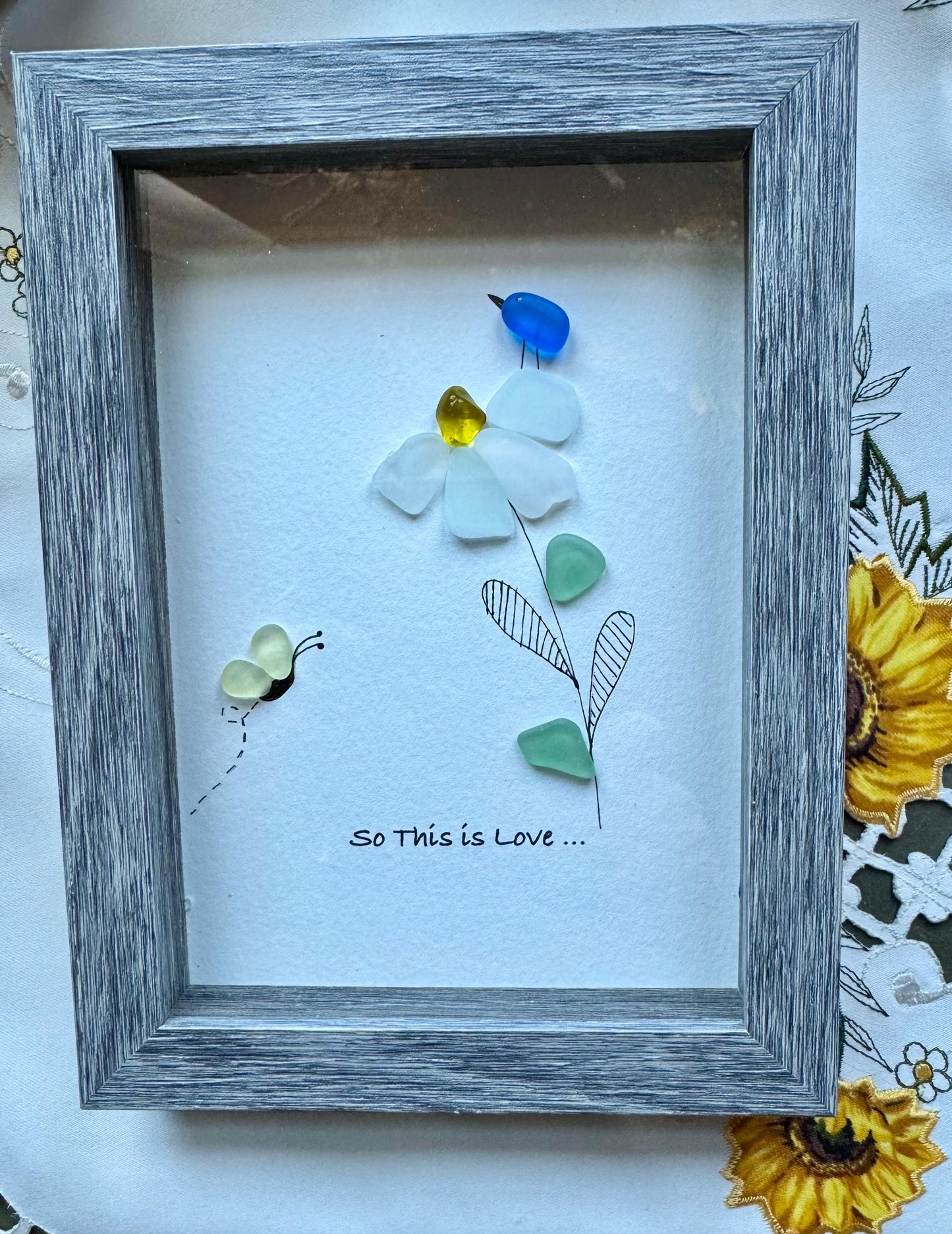 Sea Glass Pebble Art, Pebble Art Love Birds, Gift for Her, Anniversary, Seaglass Picture, Love, Sweet Gift