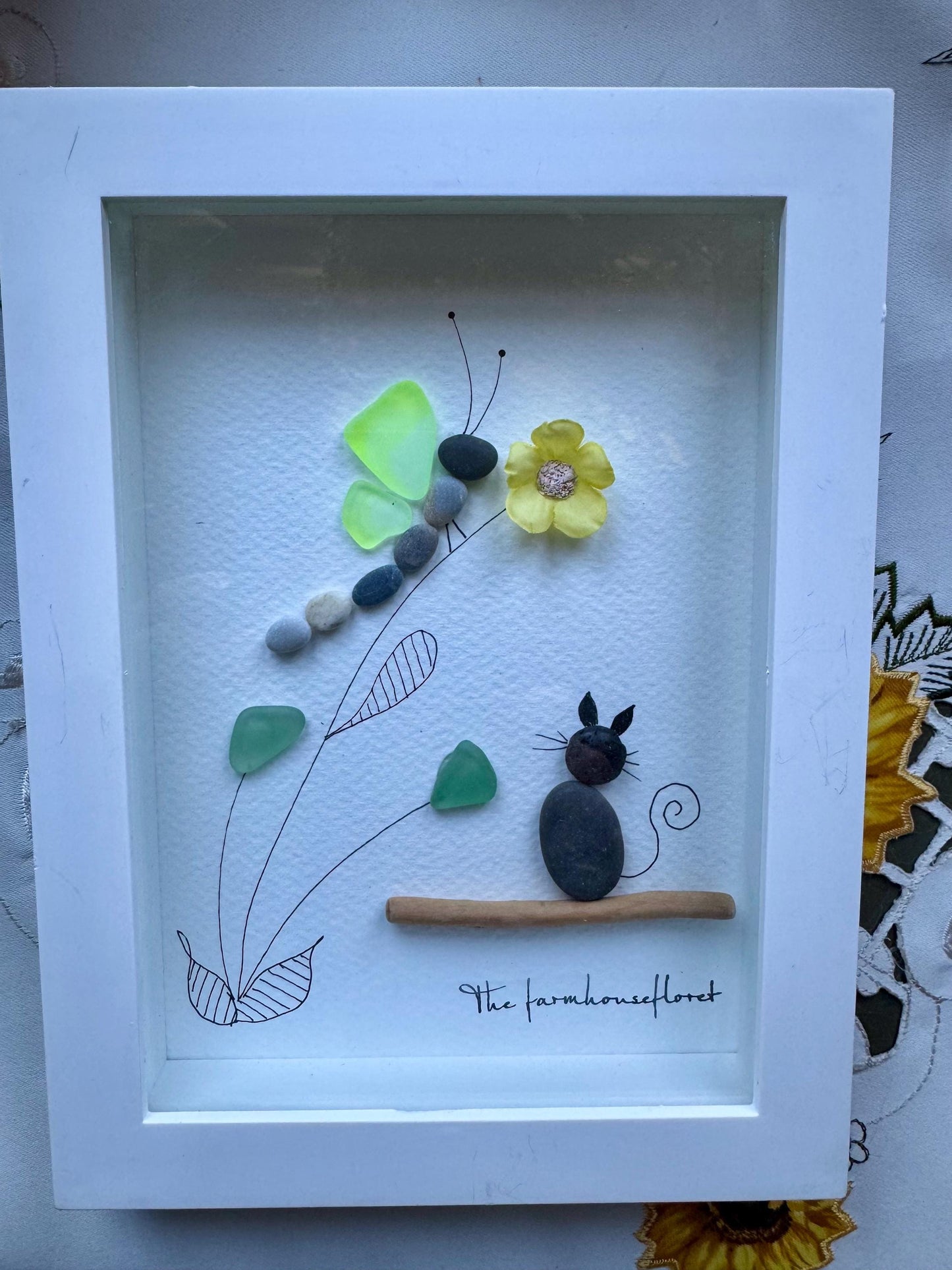 Sea Glass Pebble Art, Pebble Art Cat, Gift for Cat Lover, Friendship Gift, Seaglass Picture