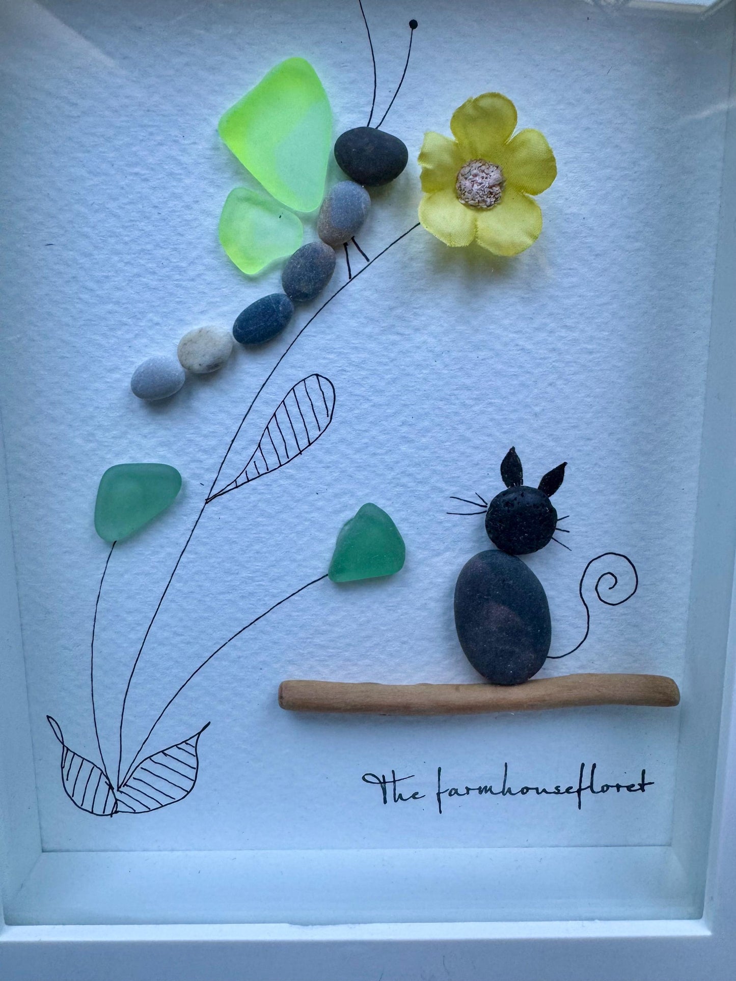 Sea Glass Pebble Art, Pebble Art Cat, Gift for Cat Lover, Friendship Gift, Seaglass Picture