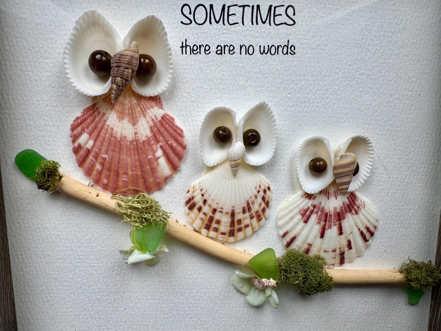 Sea Glass Pebble Art, Seashell Owls,  Friendship Gift, Seaglass Picture, No Words, Owl