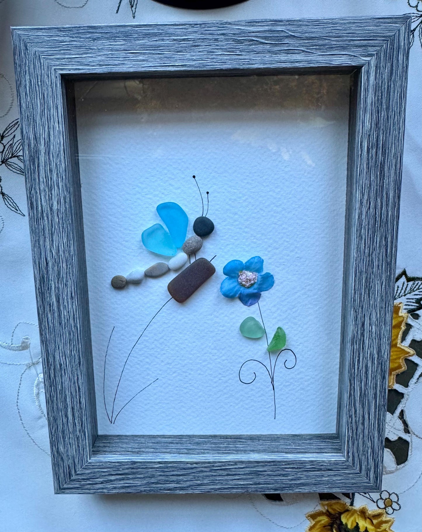 Sea Glass Pebble Art, Pebble Art Dragon Fly, Gift for Her, Friendship Gift, Seaglass Picture, Dragon Fly and Flower