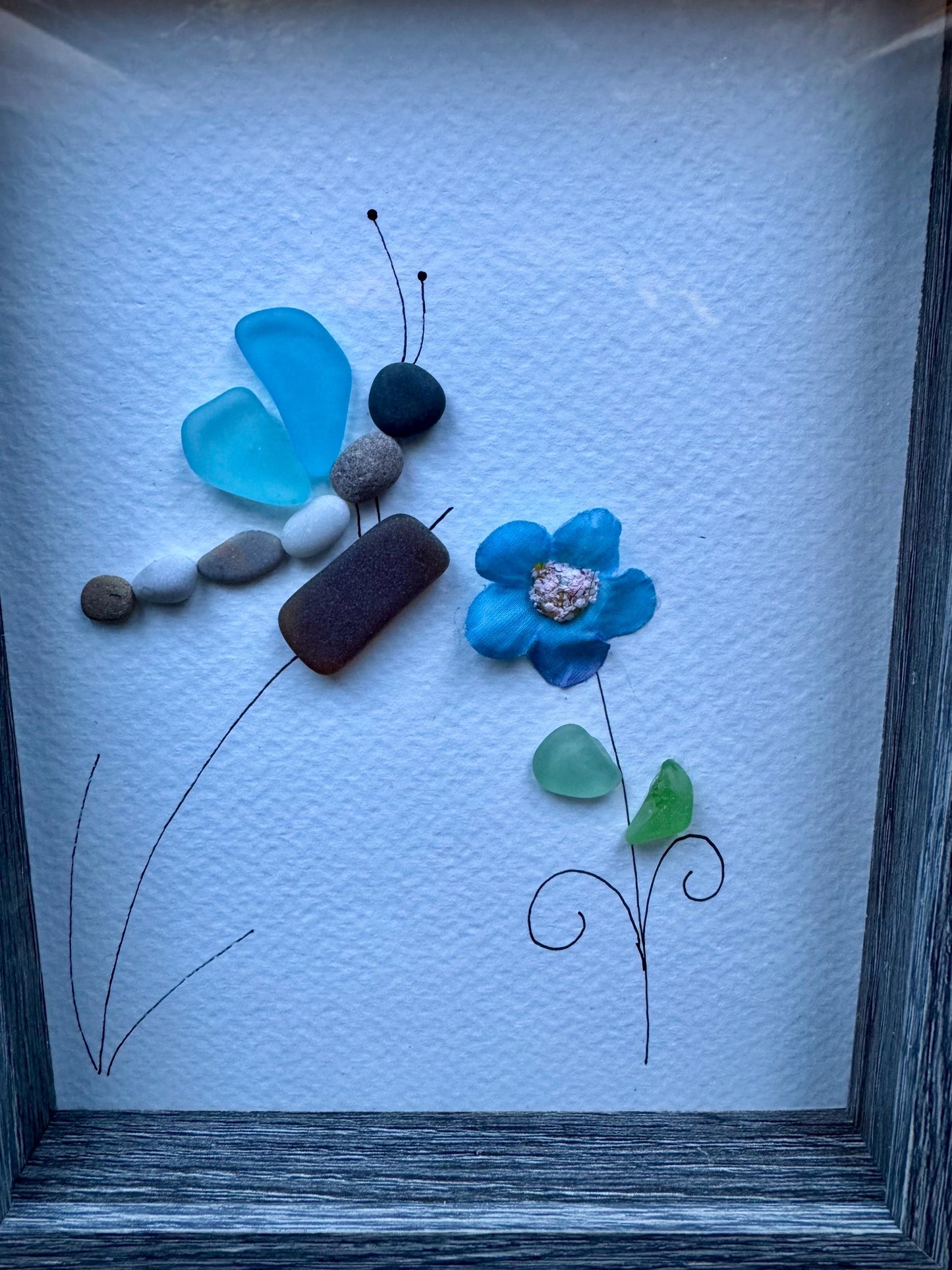 Sea Glass Pebble Art, Pebble Art Dragon Fly, Gift for Her, Friendship Gift, Seaglass Picture, Dragon Fly and Flower